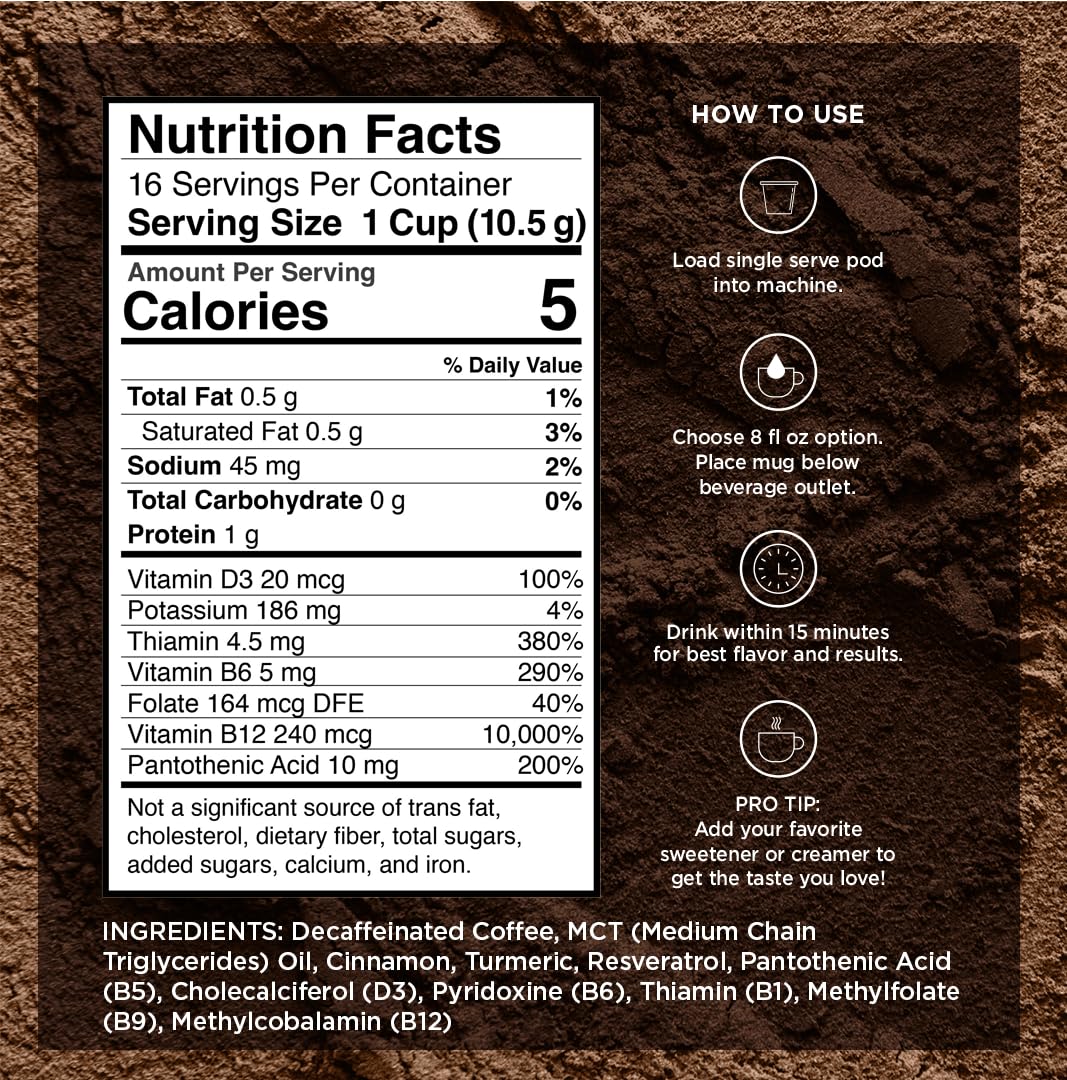 VitaCup Lightning Kaffeepads, für Gedächtnis und Konzentration mit 2x Koffein, grüne Kaffeebohnen, B-Vitamine, D3, starker dunkel gerösteter Kaffee, recycelbare Einzelportionspads, kompatibel mit Keurig K-Cup Kaffeemaschinen, 16 Stück 