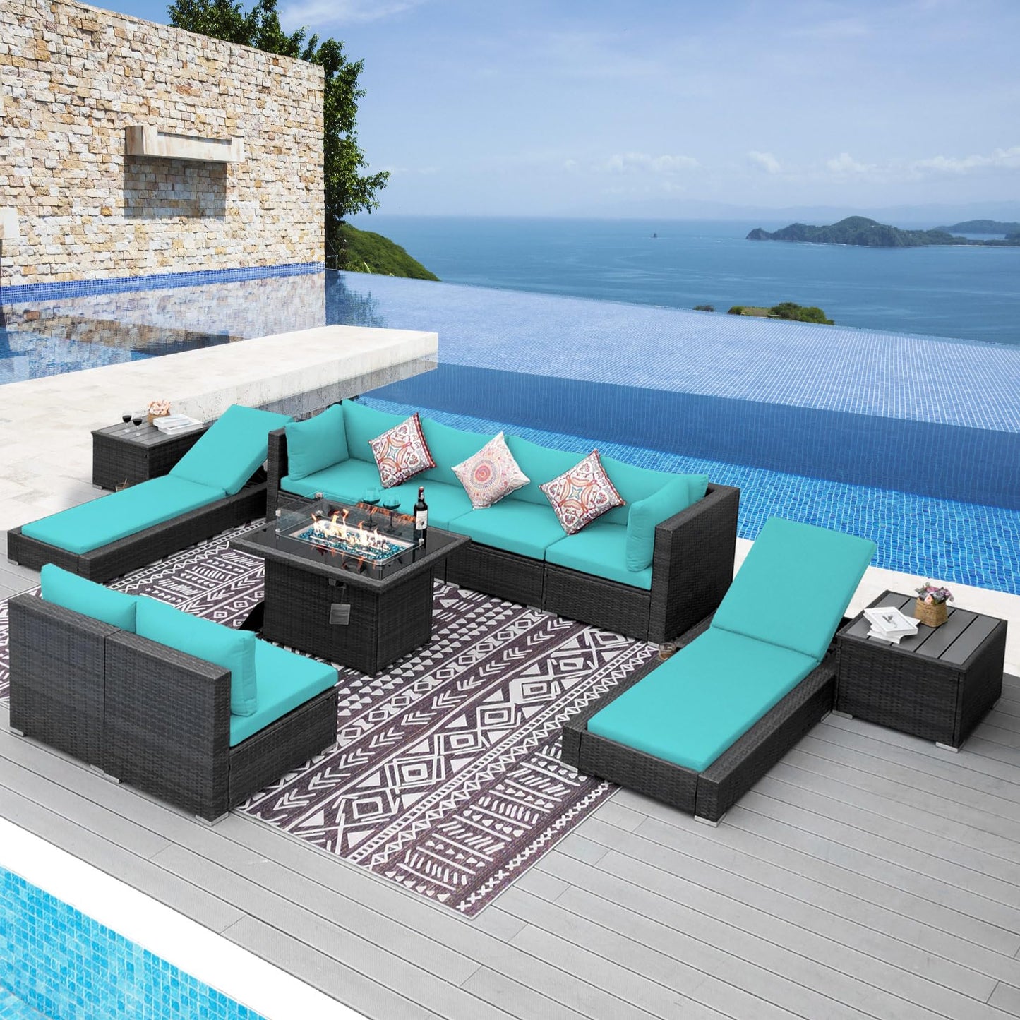 NICESOUL® 13-teiliges großes Luxus-Sofaset für die Terrasse mit Feuerstelle für Erdgas/Propan, 74 cm hohe Rückenlehne, Garten-Sitzgruppe, Gartensofa aus PE-Rattan, dunkelgrau 