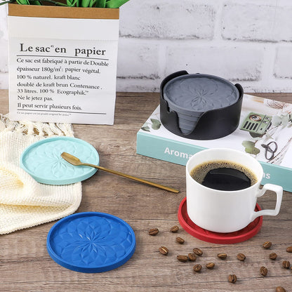 Silicone Coasters with Holder – 6-Pack, Thickened Non-Slip Deep Tray Drink Coasters