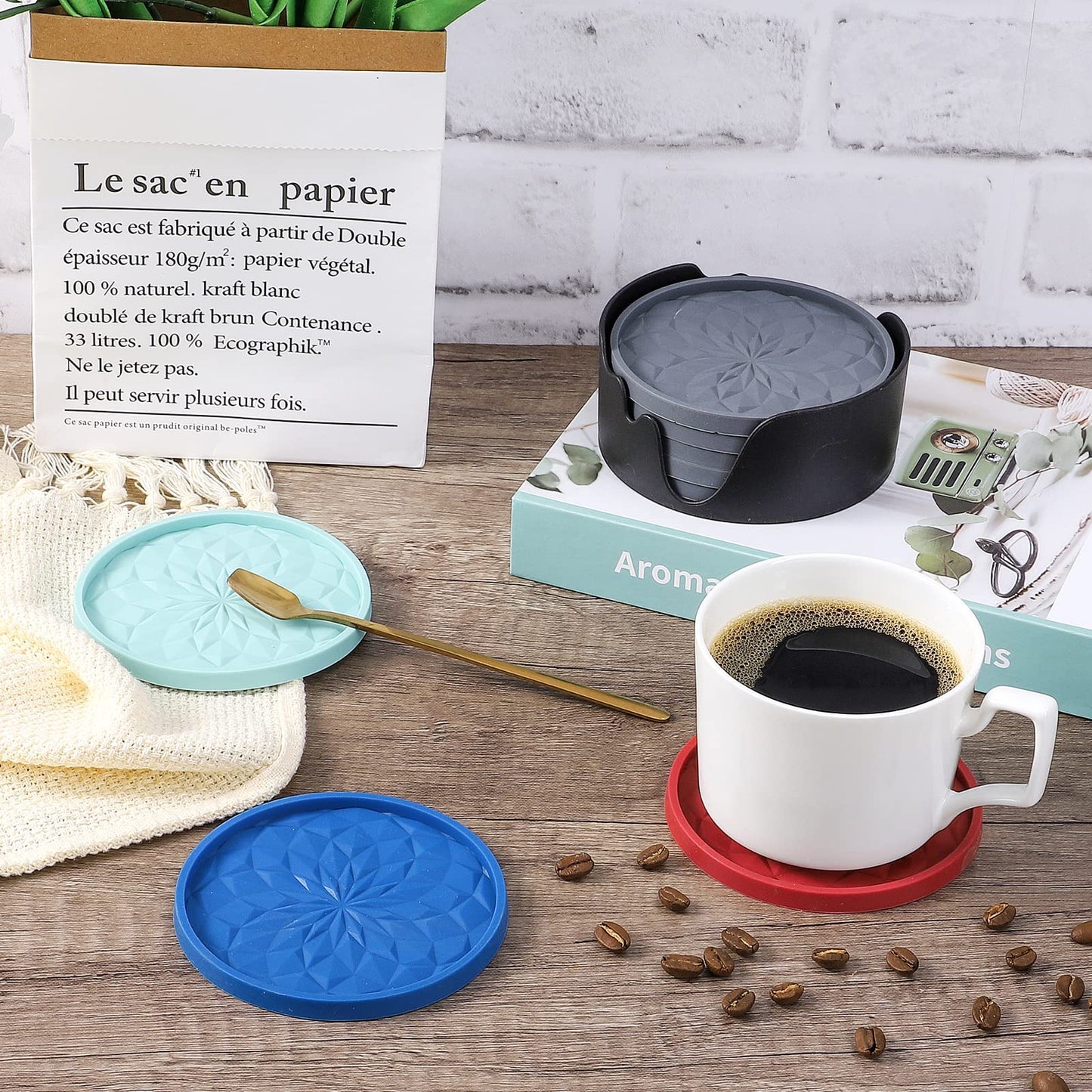 Silicone Coasters with Holder – 6-Pack, Thickened Non-Slip Deep Tray Drink Coasters