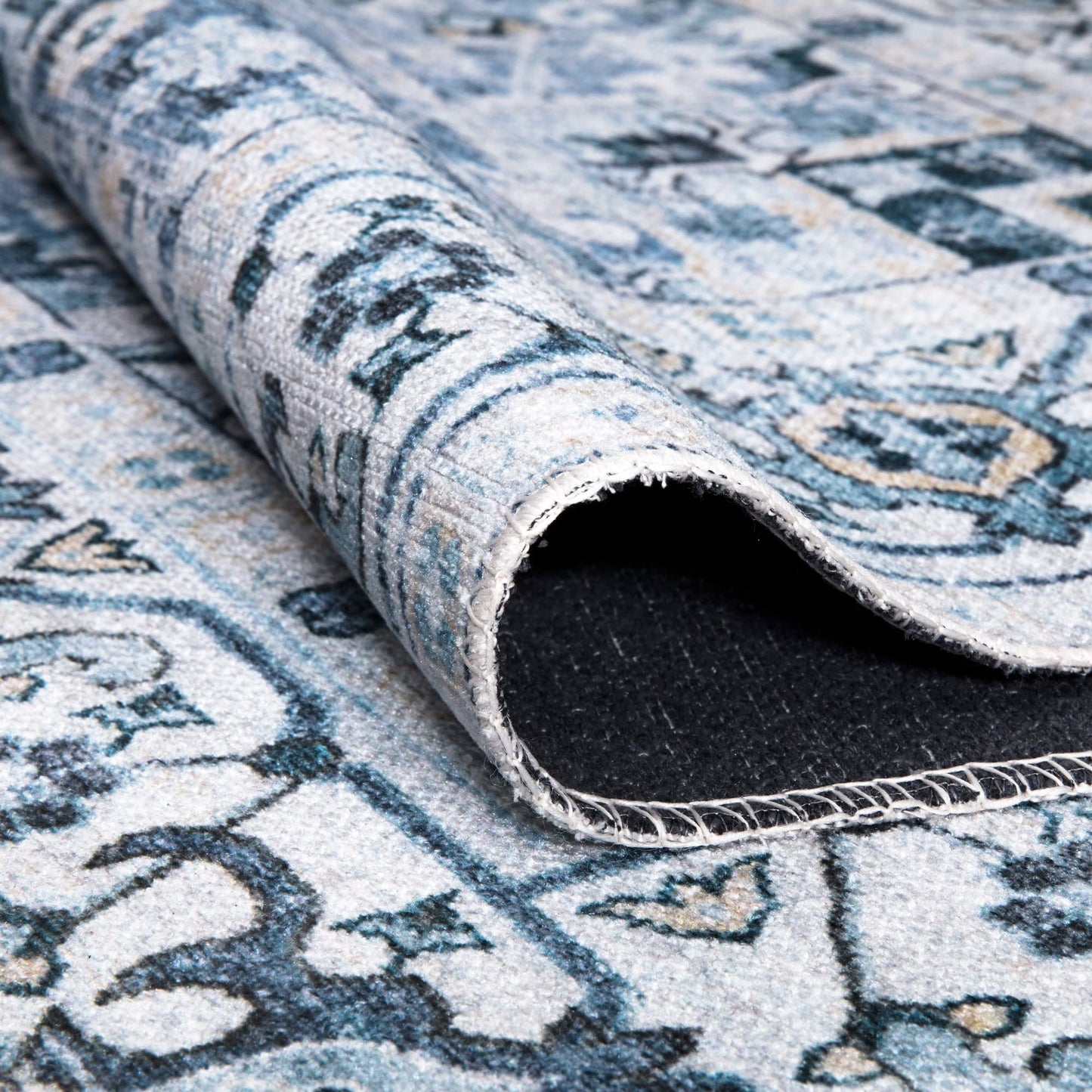 Bloom Rugs Caria, waschbarer, rutschfester Teppich, 4 x 6 Zoll, blauer traditioneller Teppich für Wohnzimmer, Schlafzimmer, Esszimmer und Küche, genaue Größe: 4 x 6 Fuß 