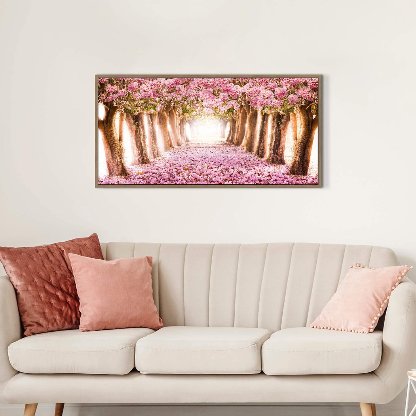 UTOP-art Tableau mural avec fleurs roses : paysage forestier, arbre, chemin, peinture sur toile enveloppée pour salon (36'' x 24'' x 1 panneau) 