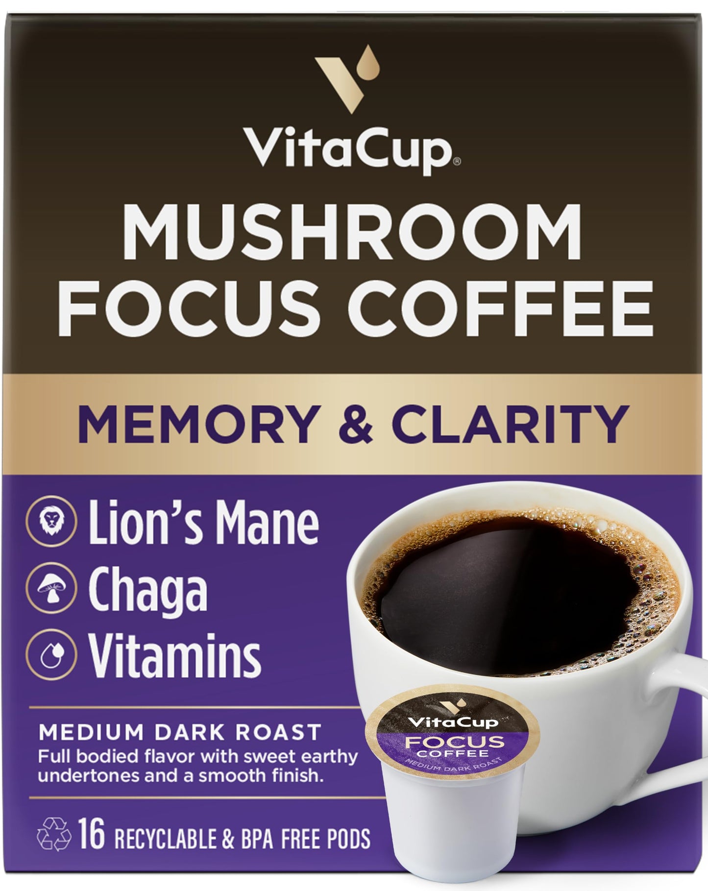 Capsules de café VitaCup Lightning, pour la mémoire et la concentration avec 2X de caféine, grains de café vert, vitamines B, D3, café torréfié foncé et fort, dosettes individuelles recyclables compatibles avec les cafetières Keurig K-Cup, 16 unités 