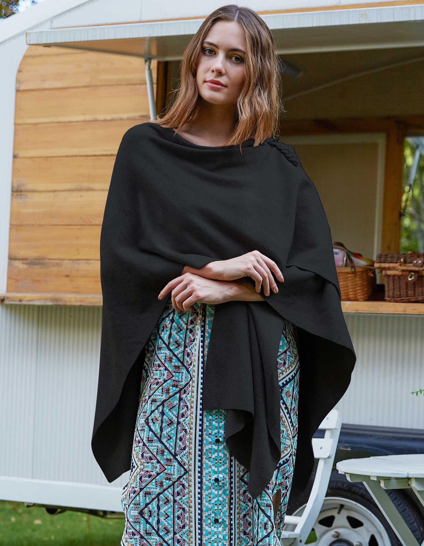 PULI Femmes Grand Poncho Croisé Sur Le Devant Pull Enveloppant Topper Tricoté Élégant Châles Cape pour l'Automne Hiver