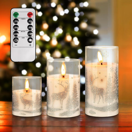 Glass Battery Operated LED Flameless Candles with Remote and Timer, Real Wax Candles Warm Color Flickering Light for Festival Wedding Home Party Decor(Pack of 3)-Gold