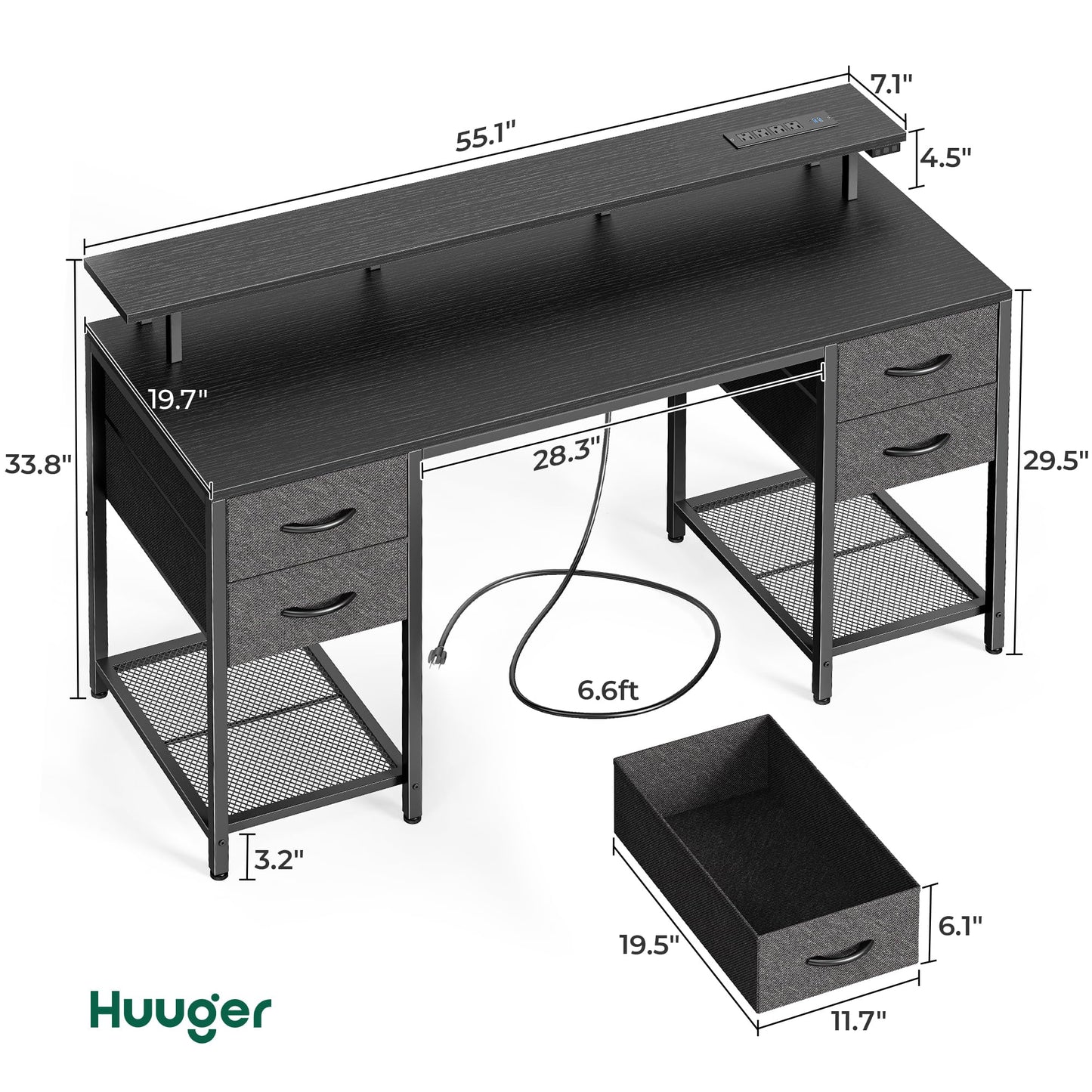 Huuger 47 inch Computer Desk with 4 Drawers, Gaming Desk with LED Lights & Power Outlets, Home Office Desk with Large Storage Space for Bedroom, Work from Home, Black