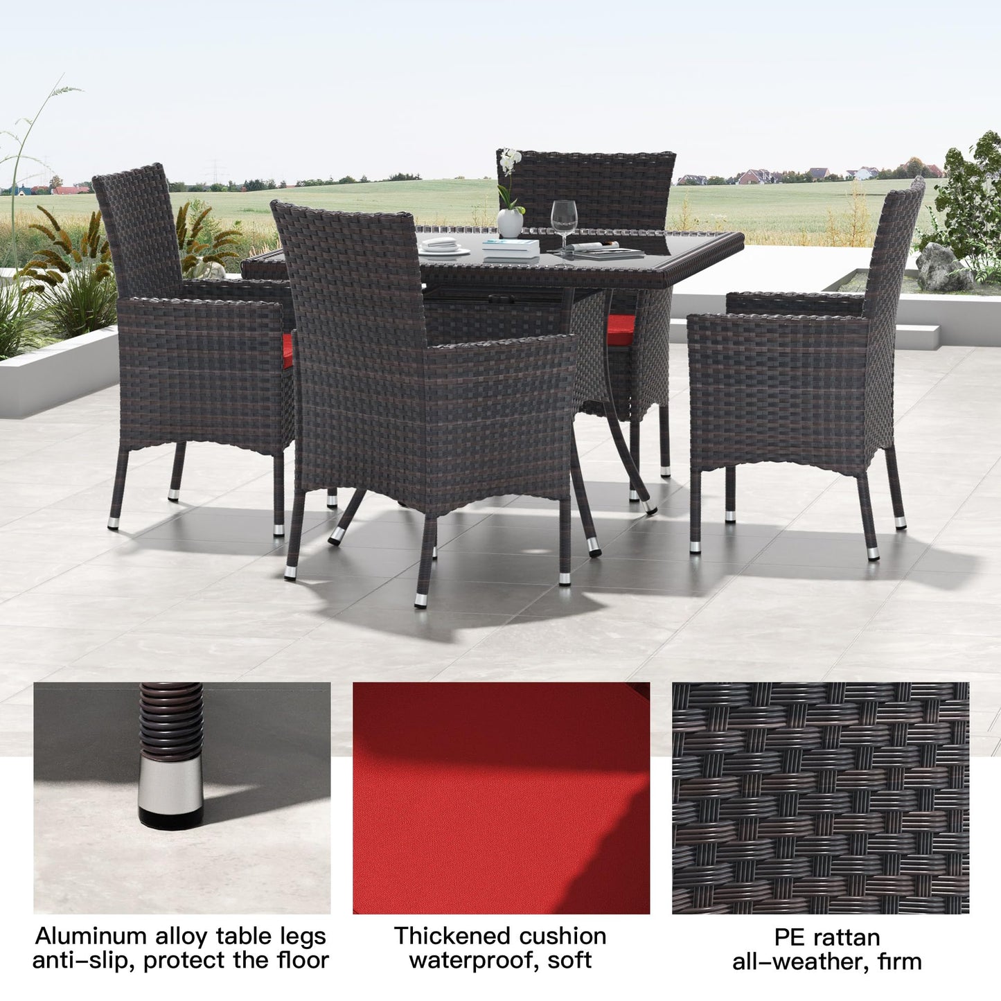 Kullavik 15-Piece Outdoor Dining Set Patio Rattan Furniture Set,Patio Dining Table and Chairs Set with 12 Chairs and Cushions,Square Glass Tabletop with Umbrella Hole for Patio,Backyard,Garden,Red