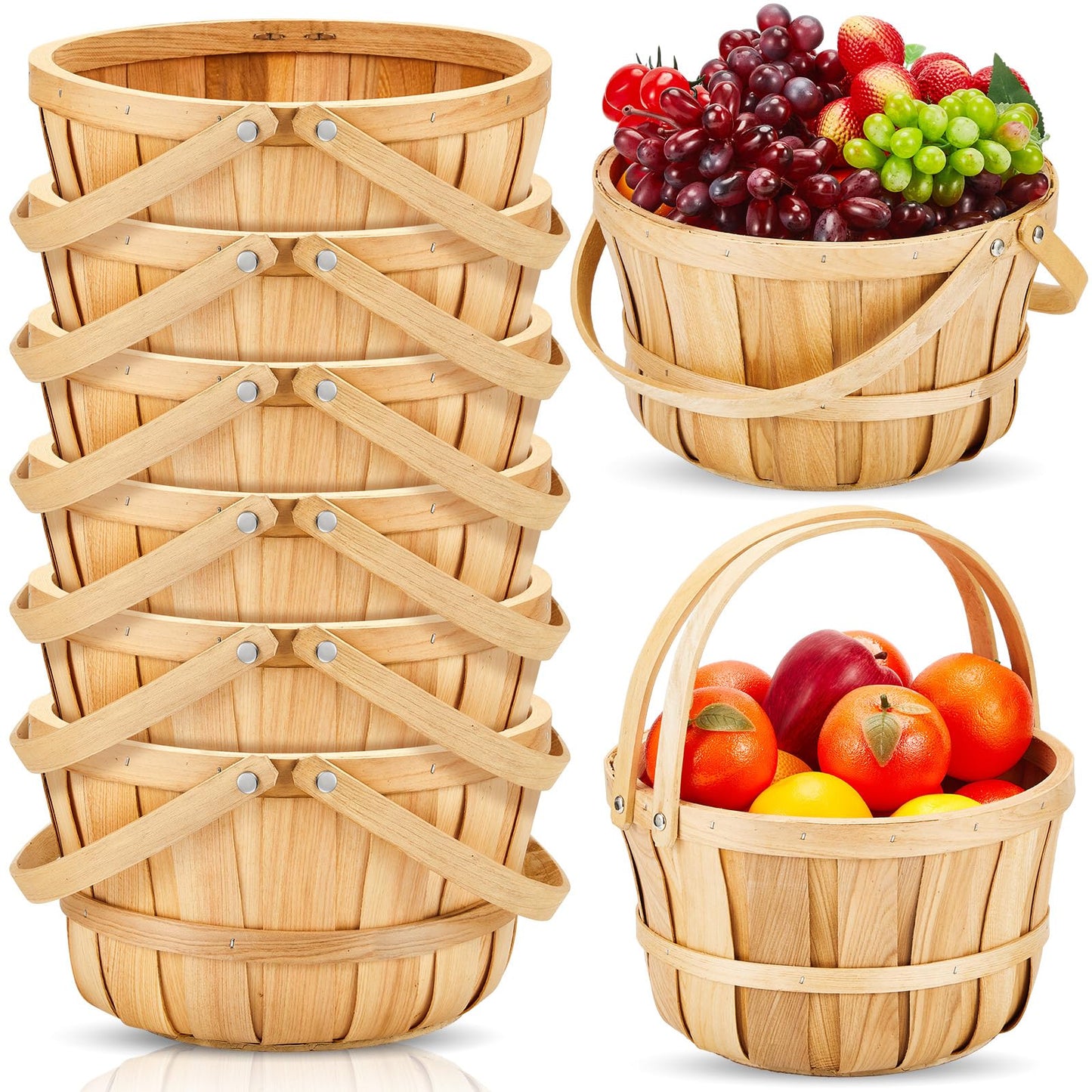 Marsui 16 Pcs 11 x 6.5'' Large Round Wooden Basket Apple Baskets Fruit Bushel Baskets Farmers Fall Harvest Portable Garden Basket with Handle for Storage Organizing Personal or Commercial Use