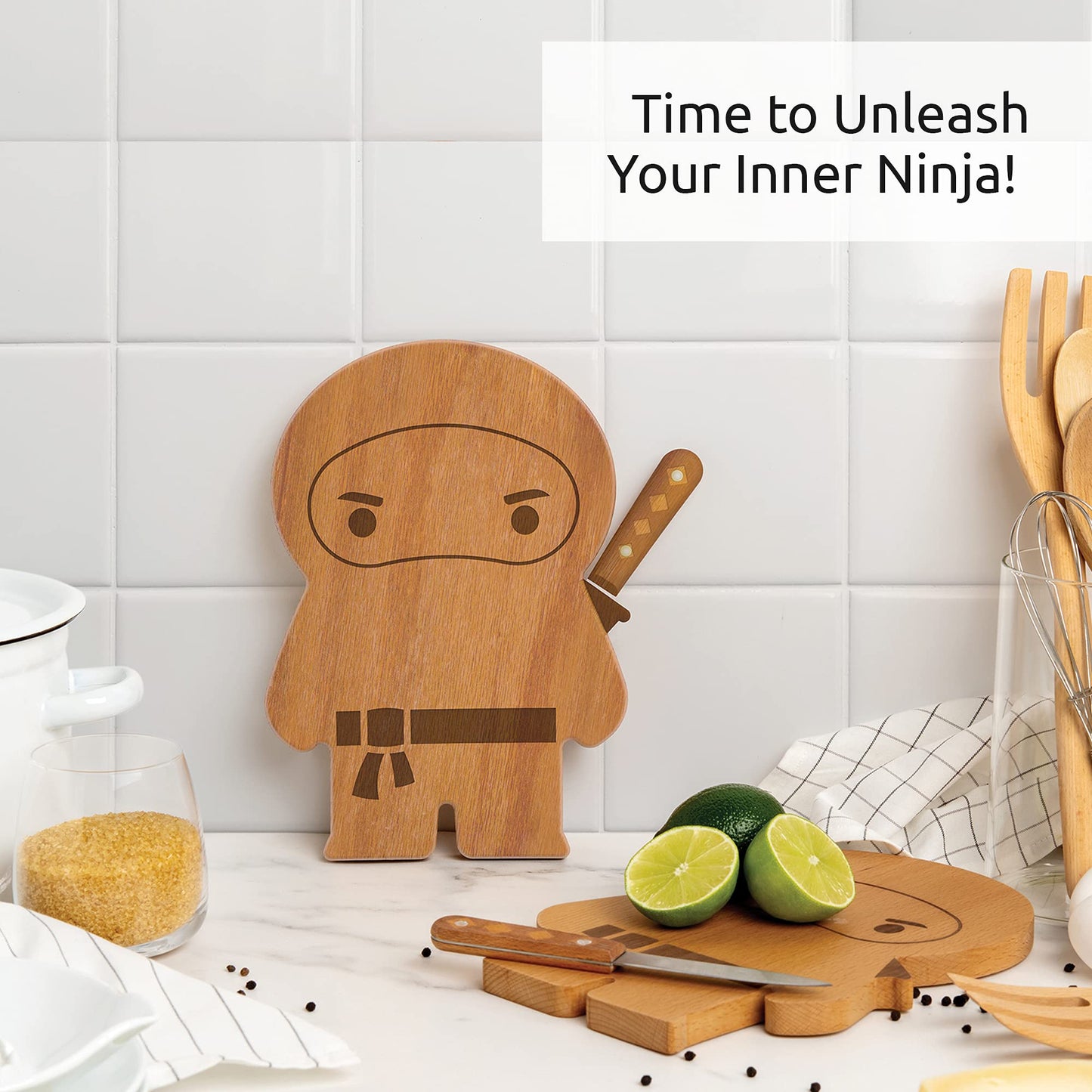 OTOTO Cutting Board Wooden & Plastic Cutting Boards for Kitchen, Fun & Spooky Kitchen Gadgets, Housewarming & Goth Gifts, Dishwasher Safe (Ninja, Wood)