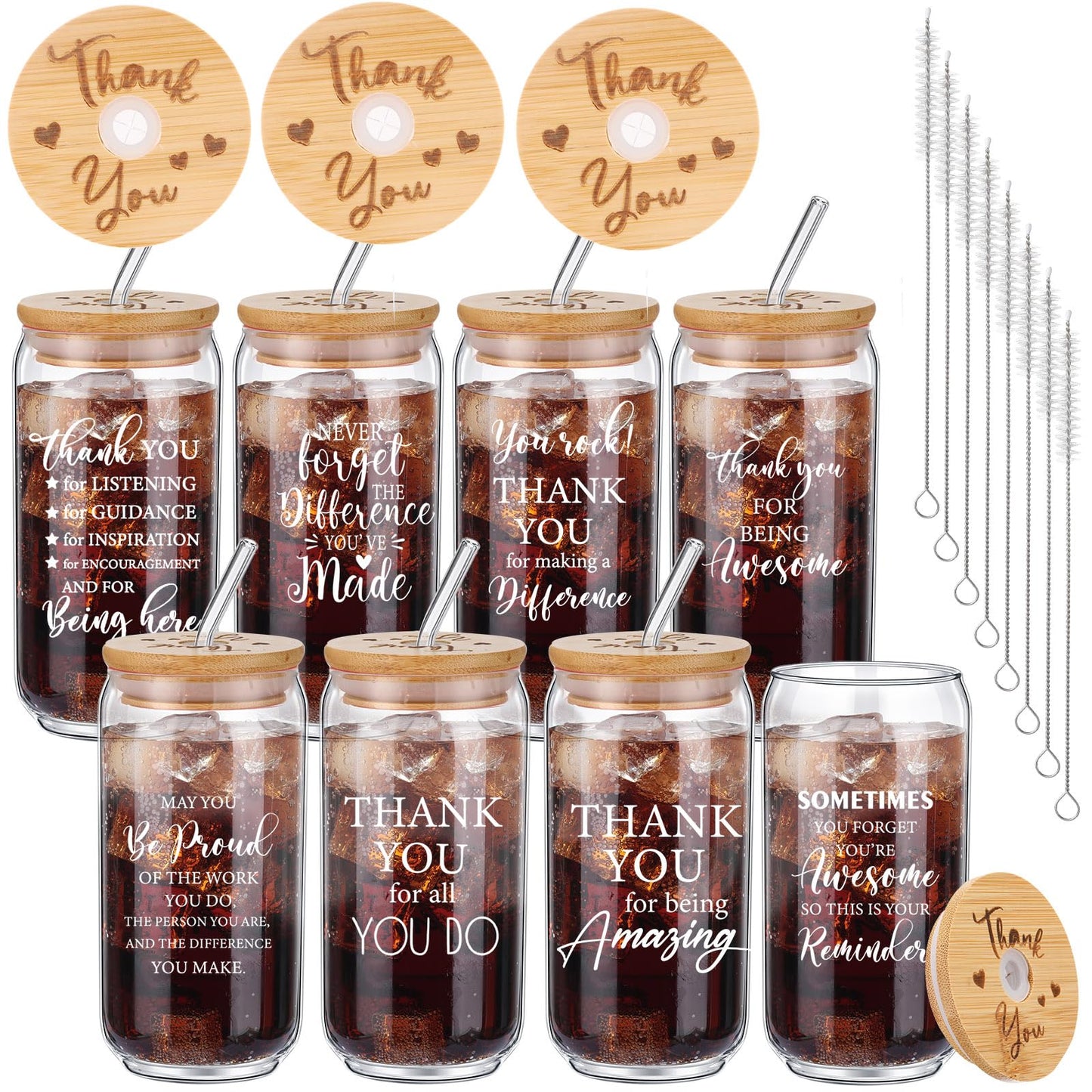 Tioncy 8 Pcs Team Gifts for Employees Thank You Gifts Teacher Staff Appreciation Gifts 16oz Can Shaped Beer Glass with Bamboo Lids Straws Brushes Drinking Glass Cups for Women Men Coworkers Member