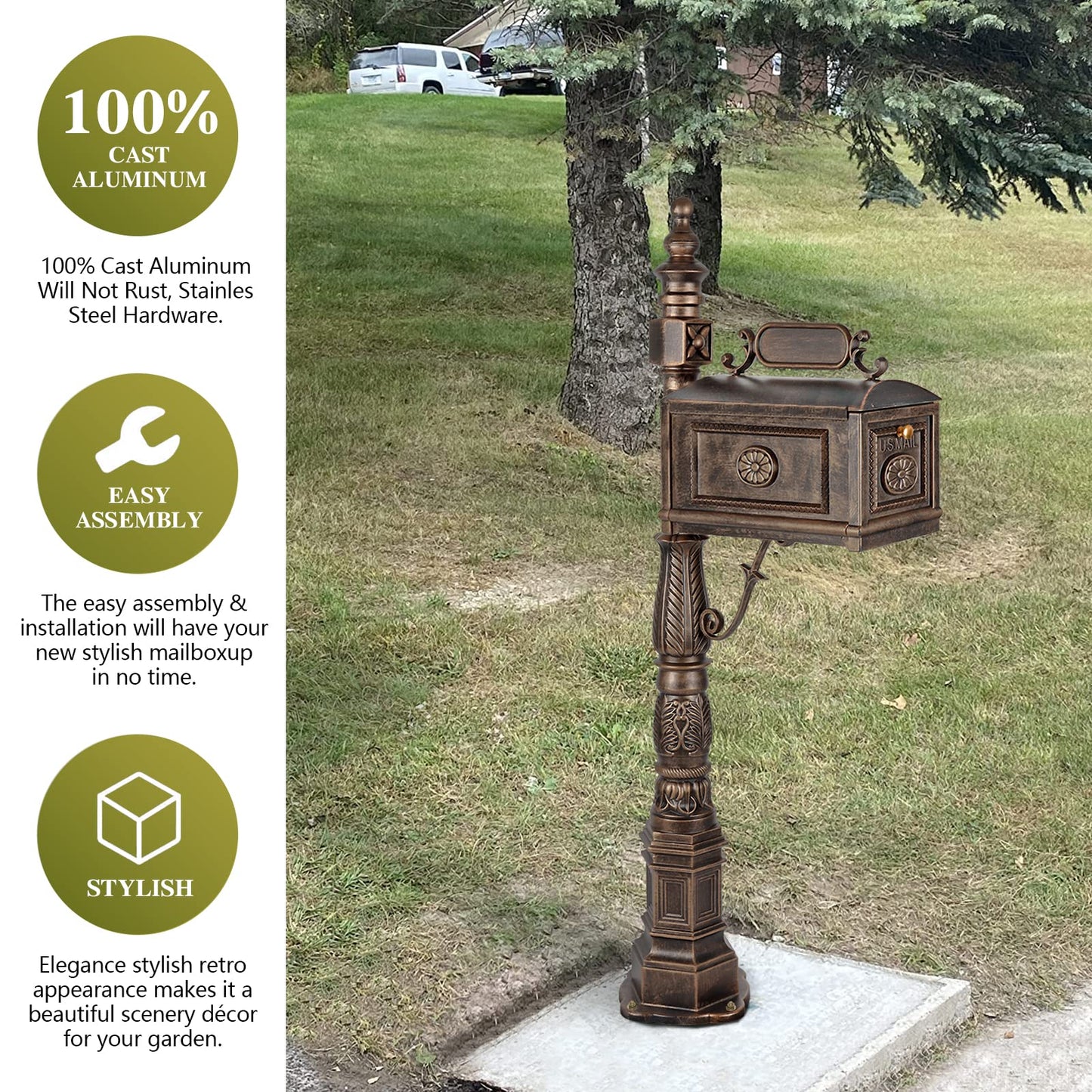 Polar Aurora Barcelona Decorative Post Mailbox Combination Stratford Heavy Duty Postal Mail Box Cast Aluminum(Bronze)