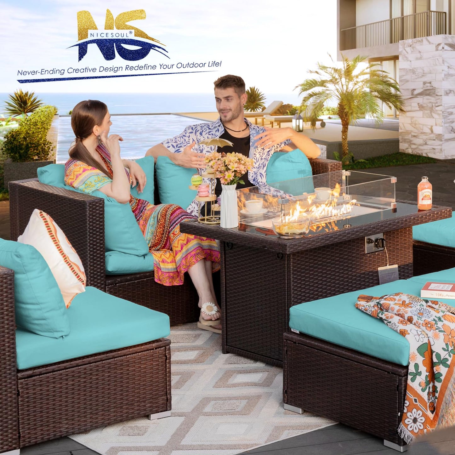 NICESOUL® 13-teiliges großes Luxus-Sofaset für die Terrasse mit Feuerstelle für Erdgas/Propan, 74 cm hohe Rückenlehne, Garten-Sitzgruppe, Gartensofa aus PE-Rattan, dunkelgrau 