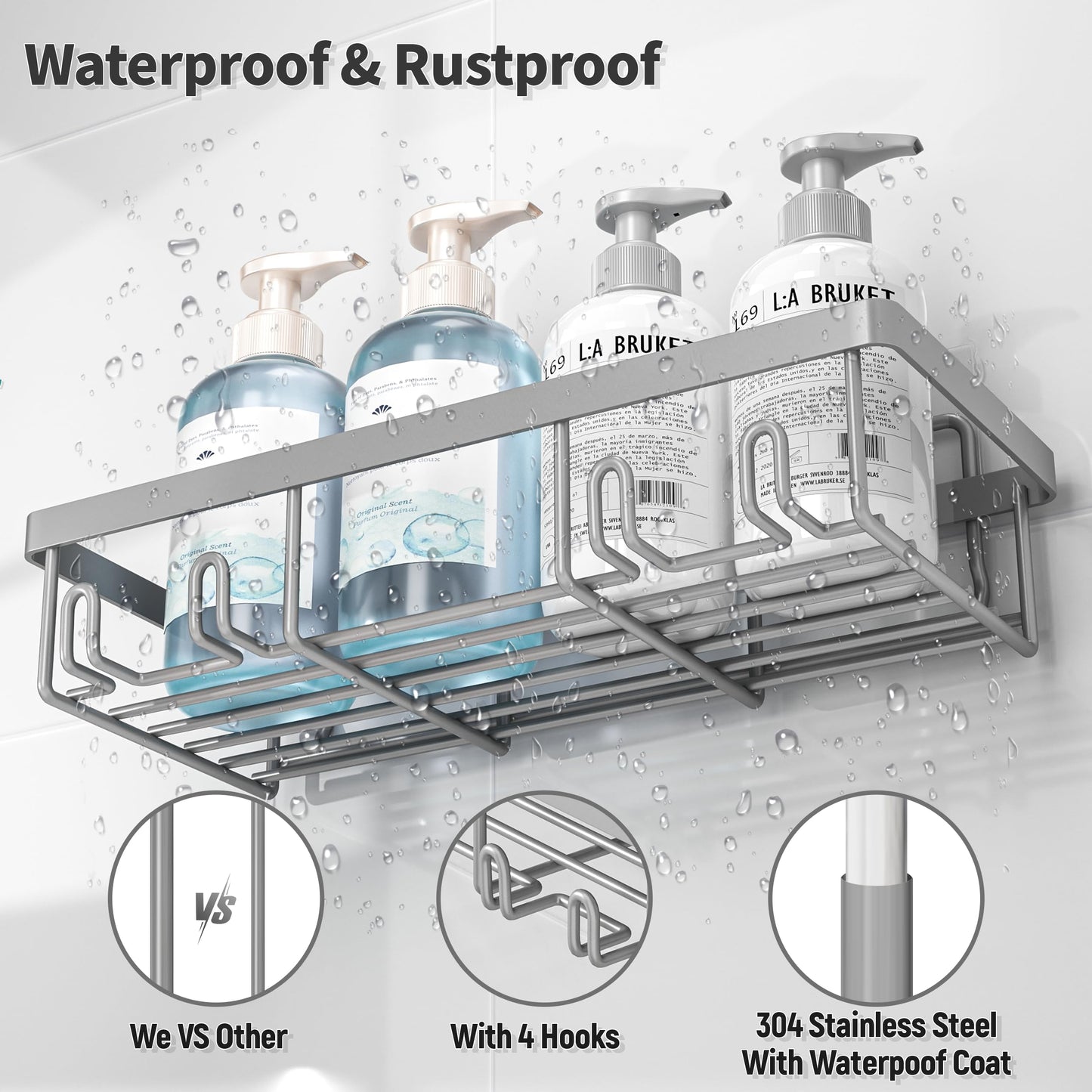 Shower Caddy 5 Pack, Bathroom Shower Organizer Rack for Inside Shower, Adhesive Shower Shelf, Shampoo Holder, Shower Basket, Metal Wall Storage, Grey