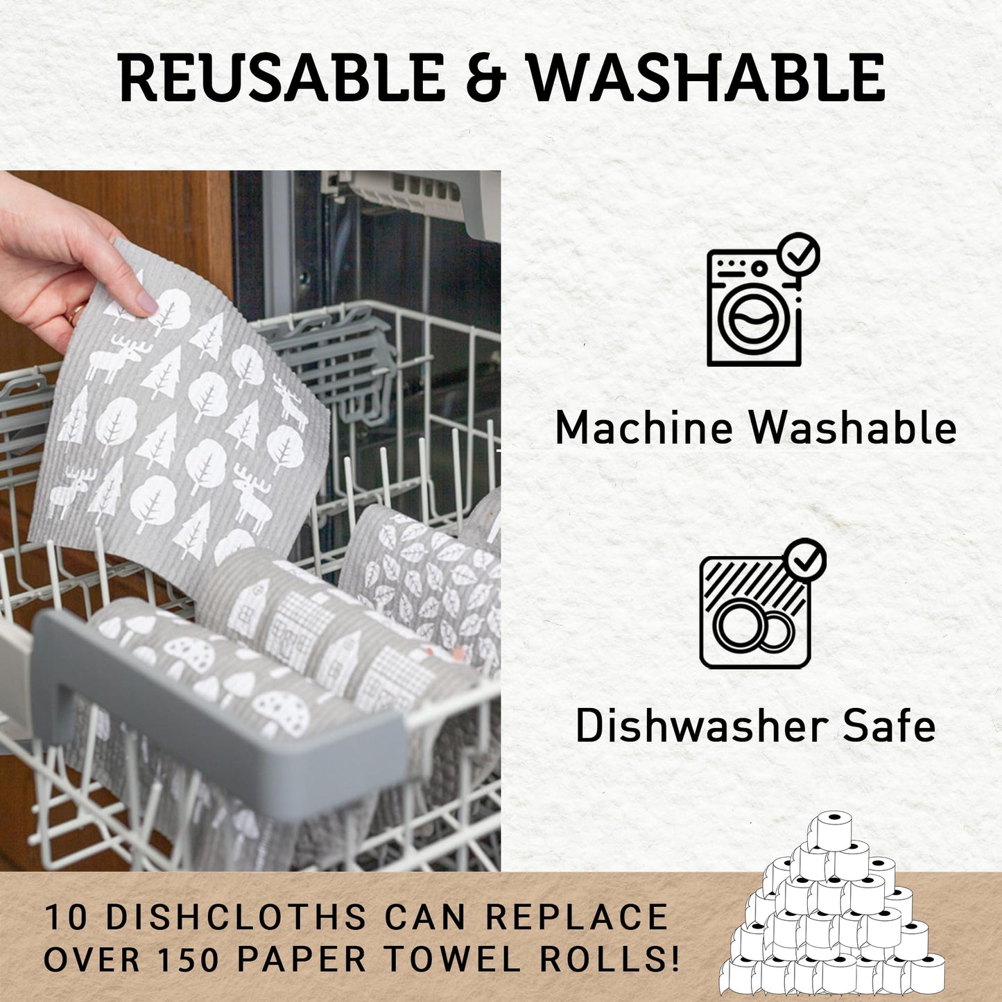 Nordhus Design Swedish Dishcloths for Kitchen, 10 Cloths, Made in Sweden - Reusable, Washable Cellulose Cotton Kitchen Cloths - Replace Paper Towels, Wipes, Sponges, Dish Rags