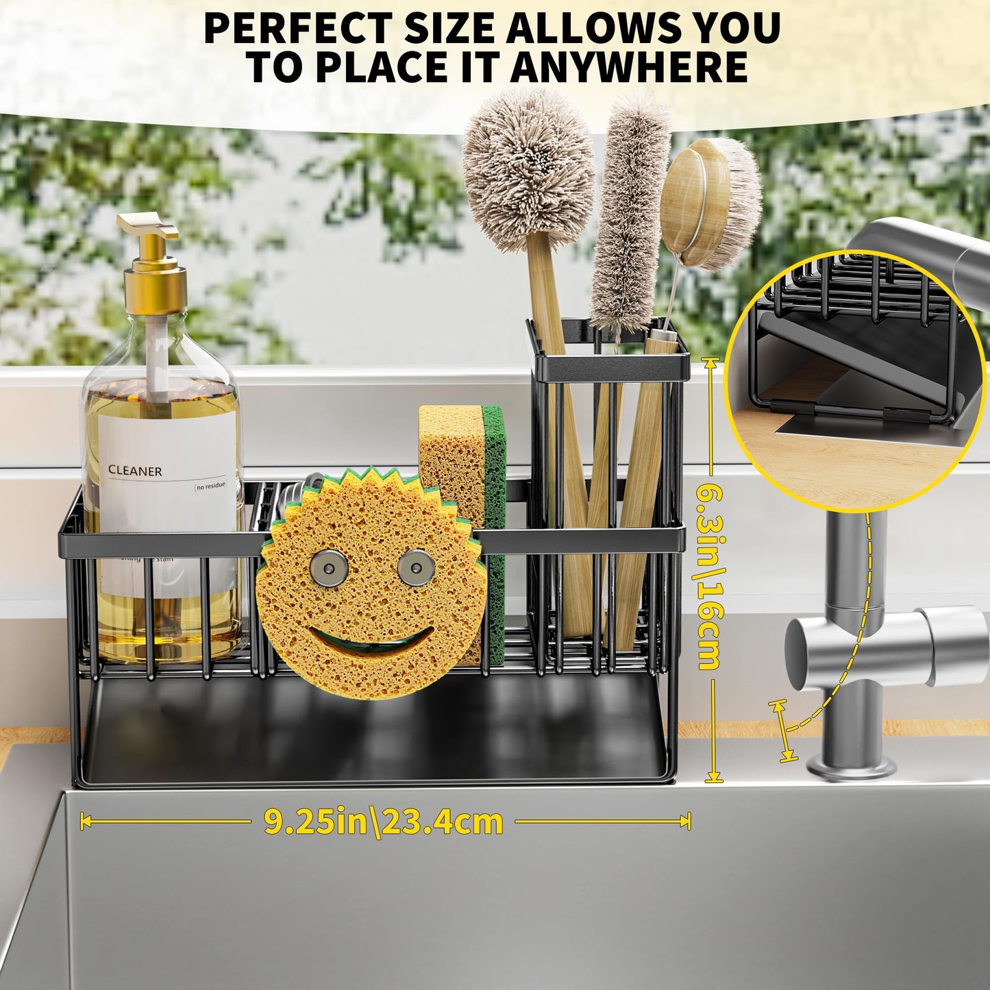 Kitchen Sink Caddy Organzier with High Brush Holder, Sponge Holder for Sink, 304 Rustproof Stainless, Kitchen Countertop Soap Dispenser Organizer, Kitchen Decor and Accessories