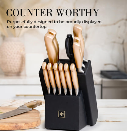Copper Knife Set with Block - 14 PC Self Sharpening Knife Block Set