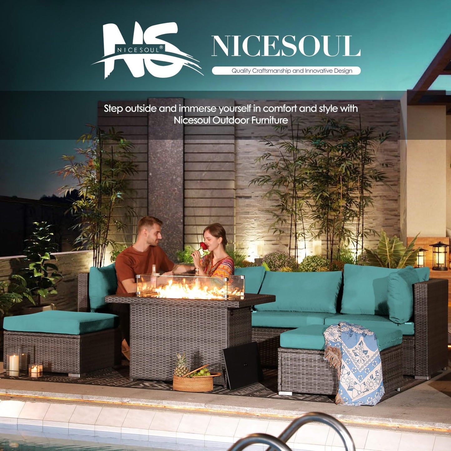 NICESOUL® 13-teiliges großes Luxus-Sofaset für die Terrasse mit Feuerstelle für Erdgas/Propan, 74 cm hohe Rückenlehne, Garten-Sitzgruppe, Gartensofa aus PE-Rattan, dunkelgrau 