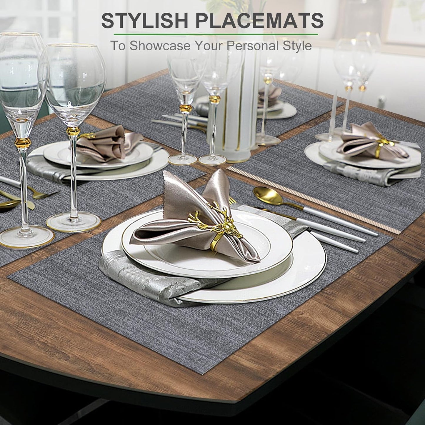 Placemats Set of 6 Woven Vinyl Placemat for Dining Table Washable Wipeable Kitchen Place Mats Durable Indoor Outdoor Table Mats 01 Beige, 6 Pcs