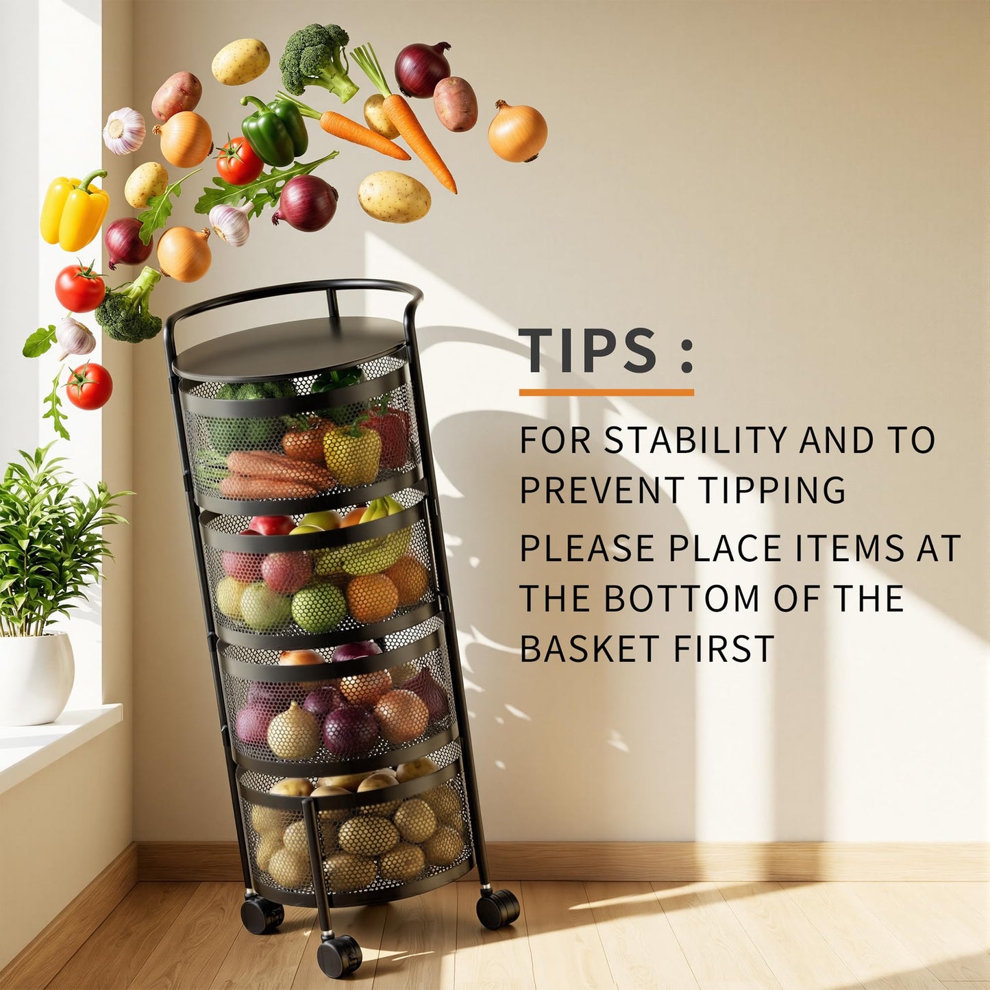 No Assembly Required Vegetable Storage Rack, 4-Tier Rotating Fruit Basket with Wheels, Heavy Duty Carbon Steel Kitchen Storage Cart