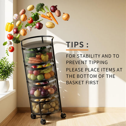 No Assembly Required Vegetable Storage Rack, 4-Tier Rotating Fruit Basket with Wheels, Heavy Duty Carbon Steel Kitchen Storage Cart