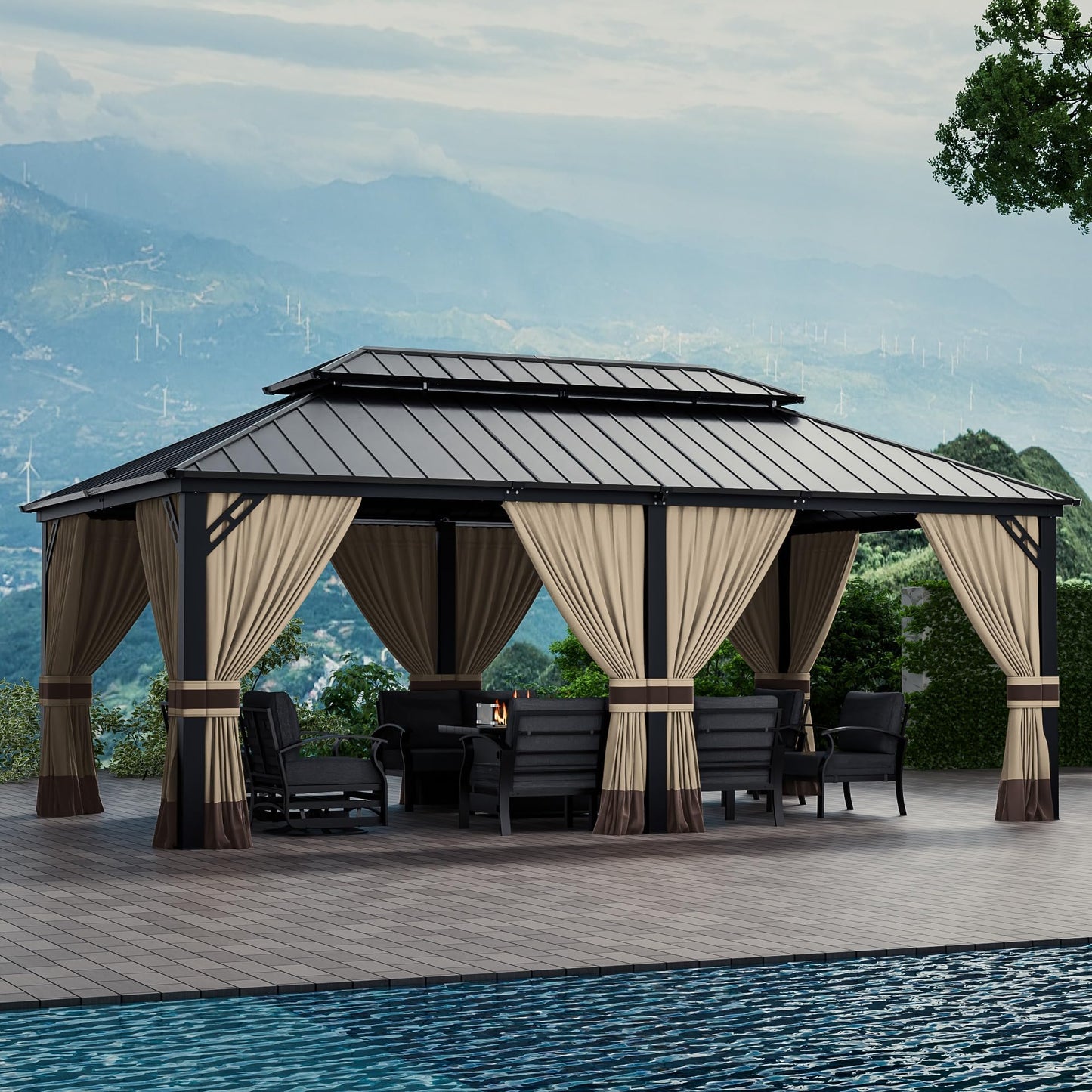 12x20ft Hardtop Gazebo Double Roof, Outdoor Pavilion with 2-Layer Hard top Galvanized Iron Frame Garden Tent, Suitable for courtyards, backyards, Decks, and Grass