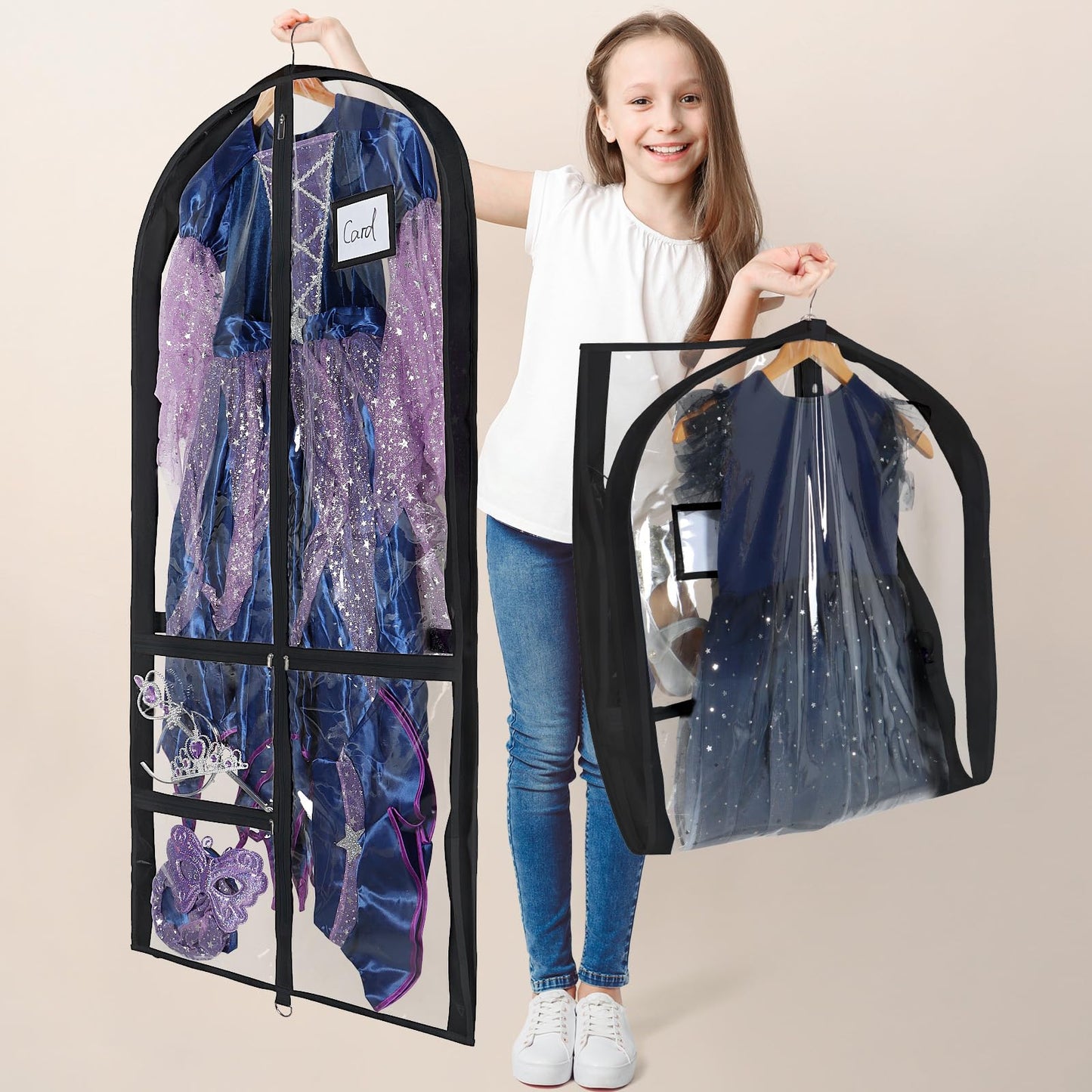 Univivi Clear PVC Dance Costume Bags (3 Pack) Garment Bag 40 Inch for Dance Competitions, with 4 Medium Clear Zipper Pockets and 1 Large Back Zippered Pocket [Upgraded Version]