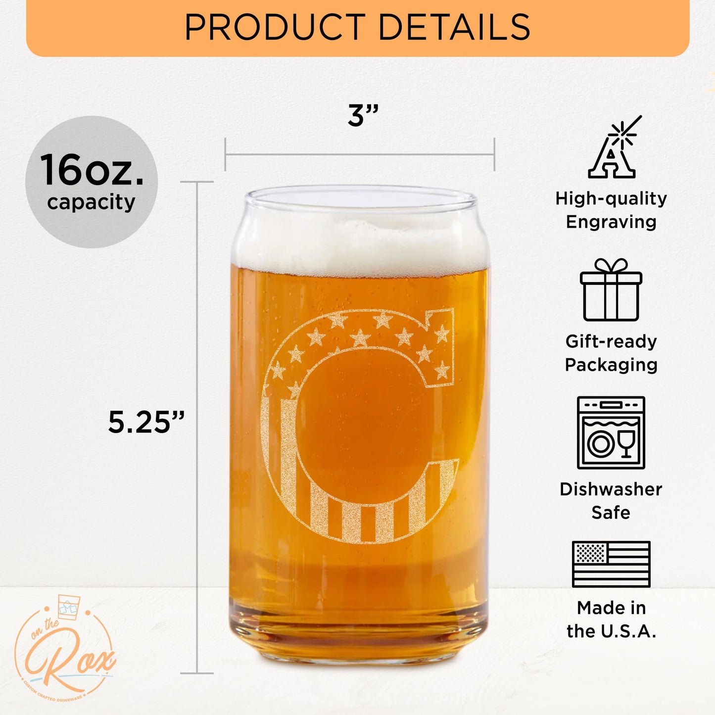 Monogram Beer Glasses for Men (A-Z) 16 oz - Engraved Beer Gifts for Men Brother Son Dad Neighbor - Unique Christmas Gifts for Him - Personalized Drinking Gift Beer Glass Mugs (J)