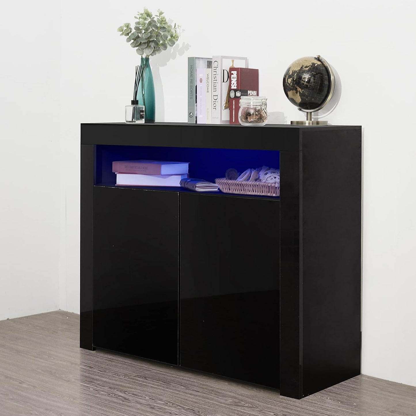 Sideboard, Vitrine mit LED-Licht, modern, schwarz, Hochglanz, Küchenaufbewahrungsschrank, Buffetschrank, Holz, Küchenzeile, Schrank, Buffetvitrine, TV-Ständer mit 2 Türen für Flur, Esszimmer 