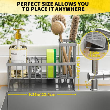 Kitchen Sink Caddy Organzier with High Brush Holder, Sponge Holder for Sink, 304 Rustproof Stainless, Kitchen Countertop Soap Dispenser Organizer, Kitchen Decor and Accessories