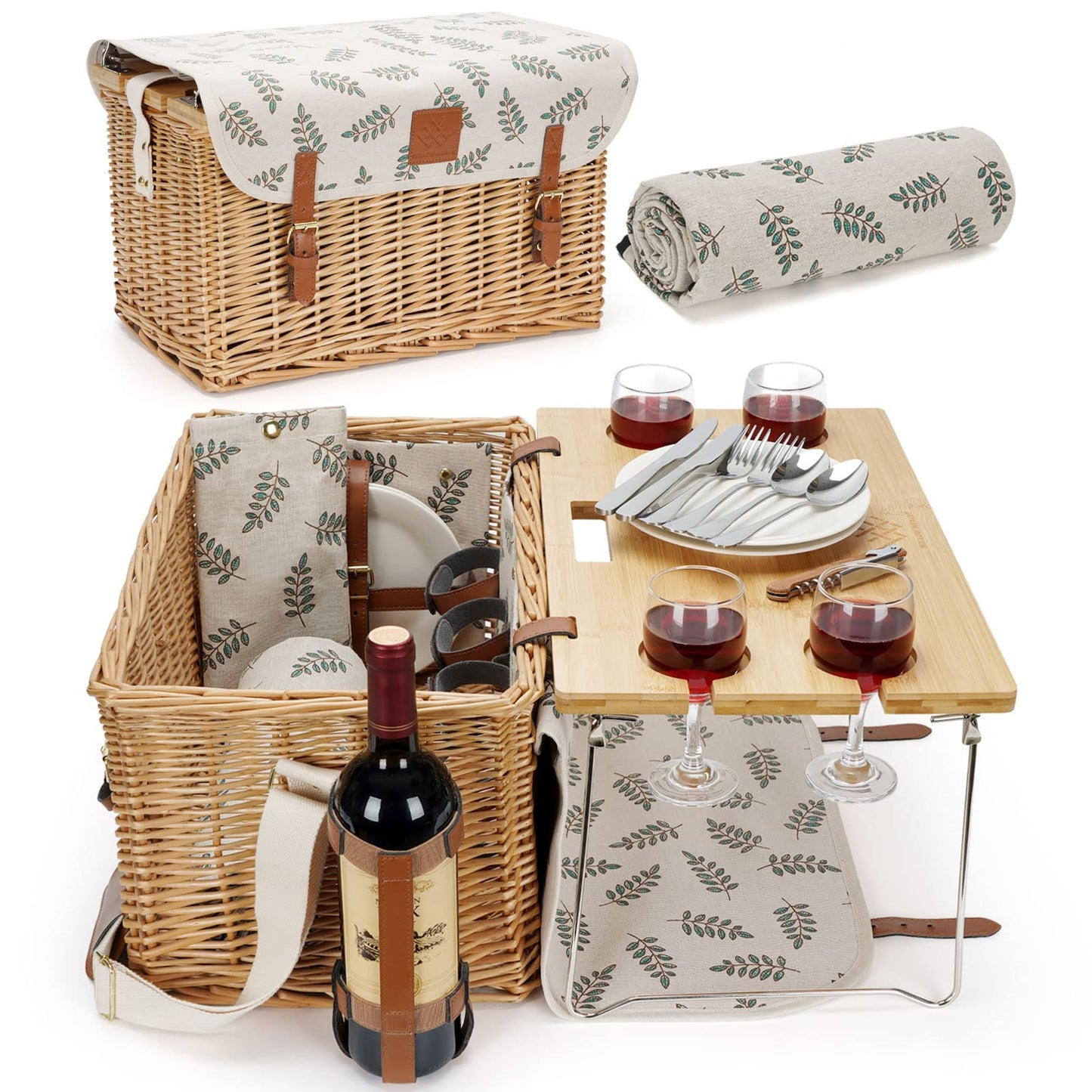 Wicker Picnic Basket for 4, 4 Person Picnic Kit, Willow Hamper Service Gift Set with Blanket Portable Bamboo Wine Snack Table for Camping and Outdoor Party