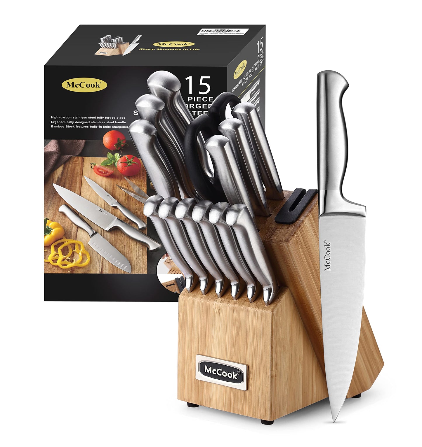 McCook® Knife Sets, Golden Titanium Stainless Steel Kitchen Knife Block Sets with Built-in Sharpener