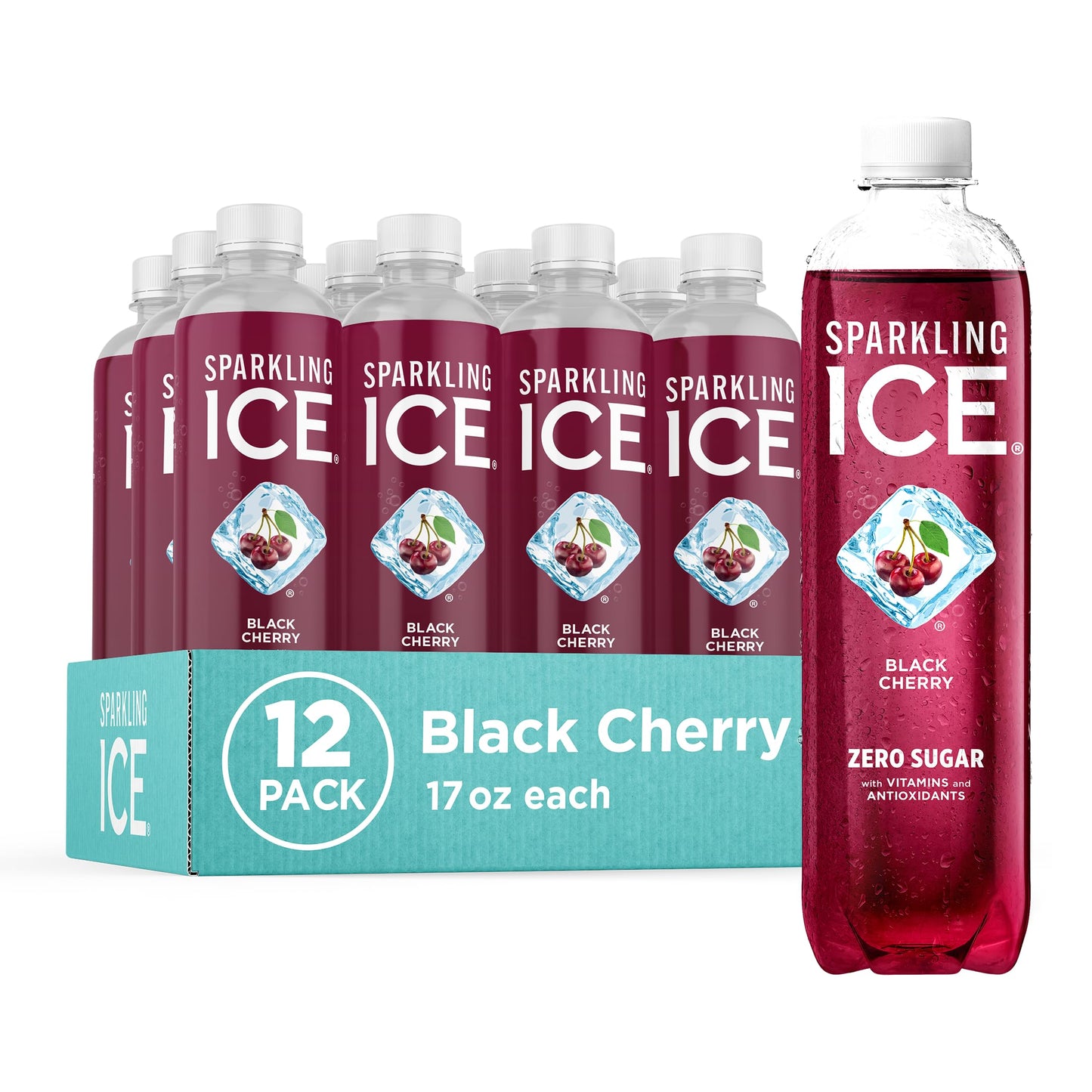 Sparkling Ice, eau pétillante à la cerise noire, eau aromatisée sans sucre, avec vitamines et antioxydants, boisson à faible teneur en calories, bouteilles de 17 fl oz (paquet de 12) 