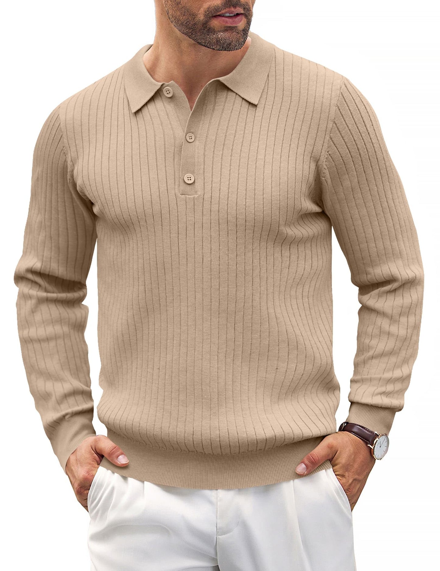 COOFANDY Mens Knit Polo Shirts Casual Long Sleeve Classic Polo Shirts Button Down Golf Shirts