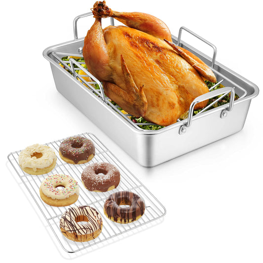 15.3 Inch Roasting Pan with Rack Set of 3(Deep Broiling Pan & V-shaped Rack & Flat Cooling Rack), Herogo Stainless Steel Turkey Roaster Pan for Thanksgiving Christmas, Dishwasher Safe