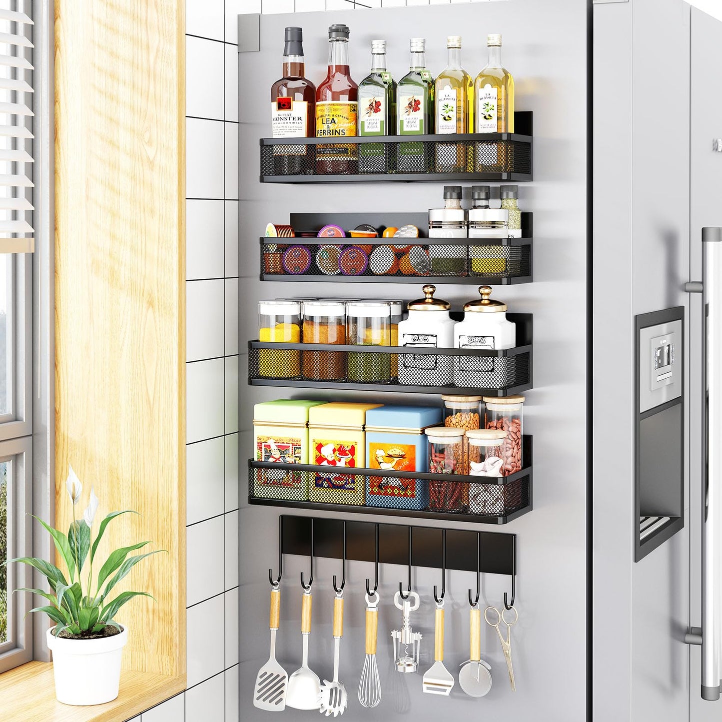 Magnetic Spice Rack for Refrigerator, 6 Pack Magnetic Shelf, Fridge Magnet Organizer with Moveable 12 Hooks, Magnetic Fridge Shelf for Kitchen Organization and Storage (6 Pack)