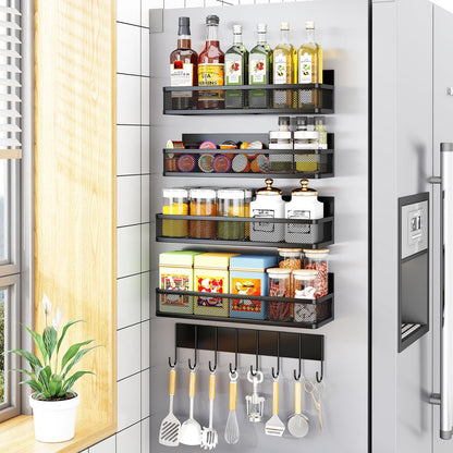 Magnetic Spice Rack for Refrigerator, 6 Pack Magnetic Shelf, Fridge Magnet Organizer with Moveable 12 Hooks, Magnetic Fridge Shelf for Kitchen Organization and Storage (6 Pack)