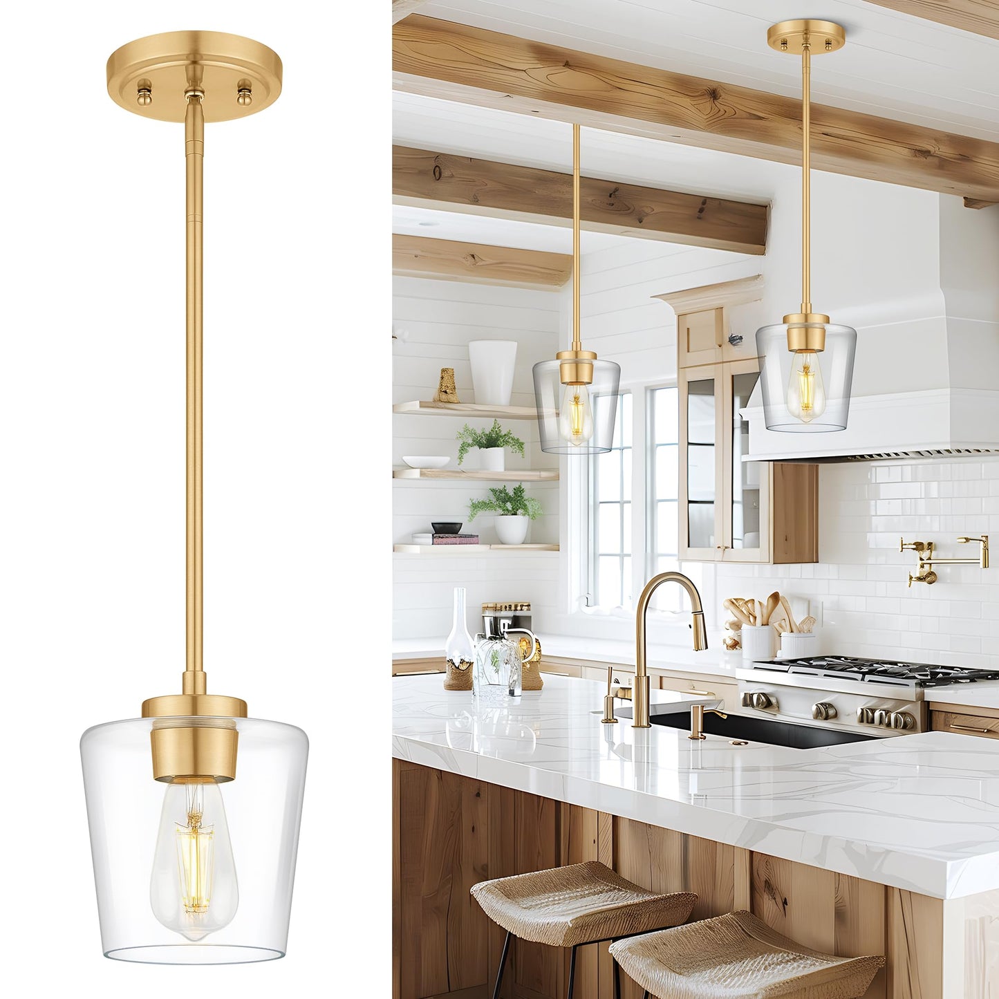 3-Light Pendant Light Fixtures, Brushed Gold Dining Room Light Fixture Over Table, Adjustable Kitchen Island Lighting with Milk White Glass, Farmhouse Hanging Light Fixture, AD-22004-3P-GD