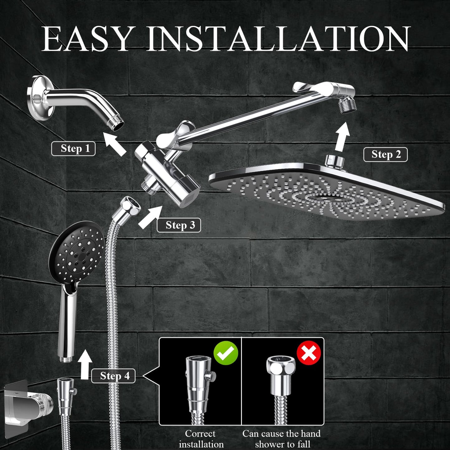 Veken High Pressure Rain Shower Head Combo with Extension Arm- Wide Showerhead with 6 Handheld Water Spray - Adjustable Dual Shower with Anti-Clog Nozzles - Silver Chrome