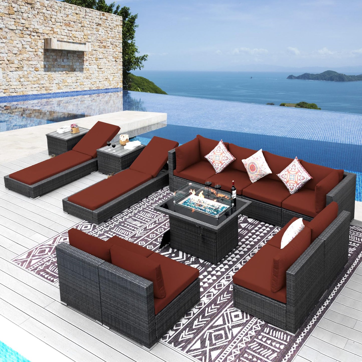 NICESOUL® 13-teiliges großes Luxus-Sofaset für die Terrasse mit Feuerstelle für Erdgas/Propan, 74 cm hohe Rückenlehne, Garten-Sitzgruppe, Gartensofa aus PE-Rattan, dunkelgrau 