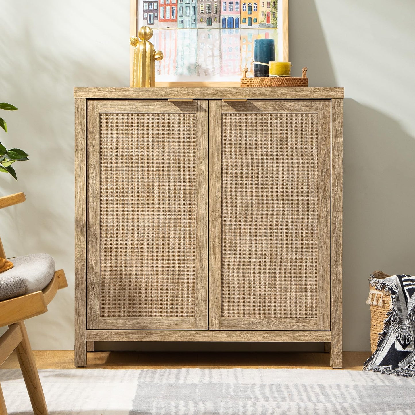 SICOTAS Rattan-Sideboard, Buffetschrank – großer Küchenschrank im Boho-Stil mit Rattan-Aufbewahrung – Holz-Kaffeebar-Schrank, Buffet-Konsolentisch für Esszimmer, Wohnzimmer, Flur – Natur 