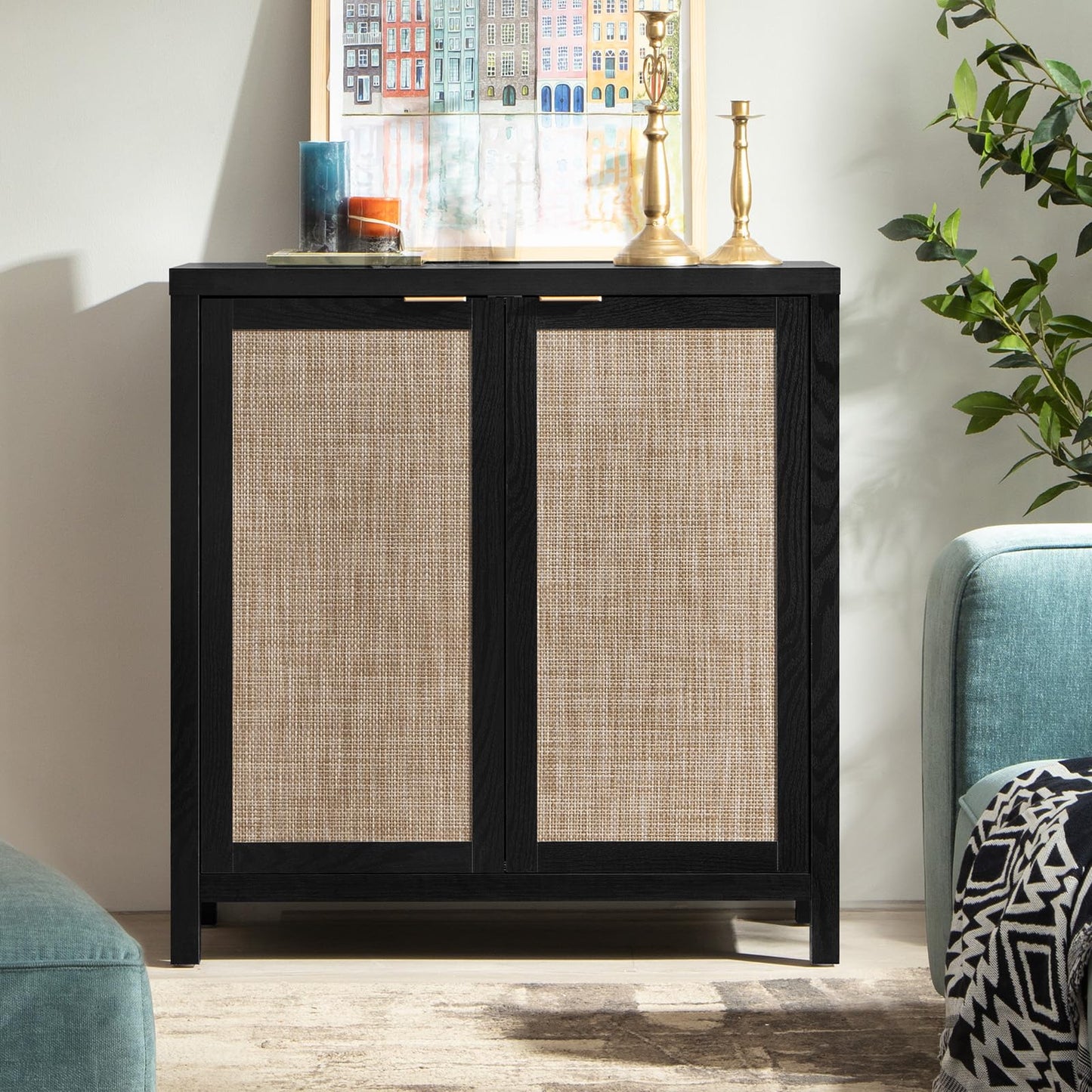 SICOTAS Rattan-Sideboard, Buffetschrank – großer Küchenschrank im Boho-Stil mit Rattan-Aufbewahrung – Holz-Kaffeebar-Schrank, Buffet-Konsolentisch für Esszimmer, Wohnzimmer, Flur – Natur 