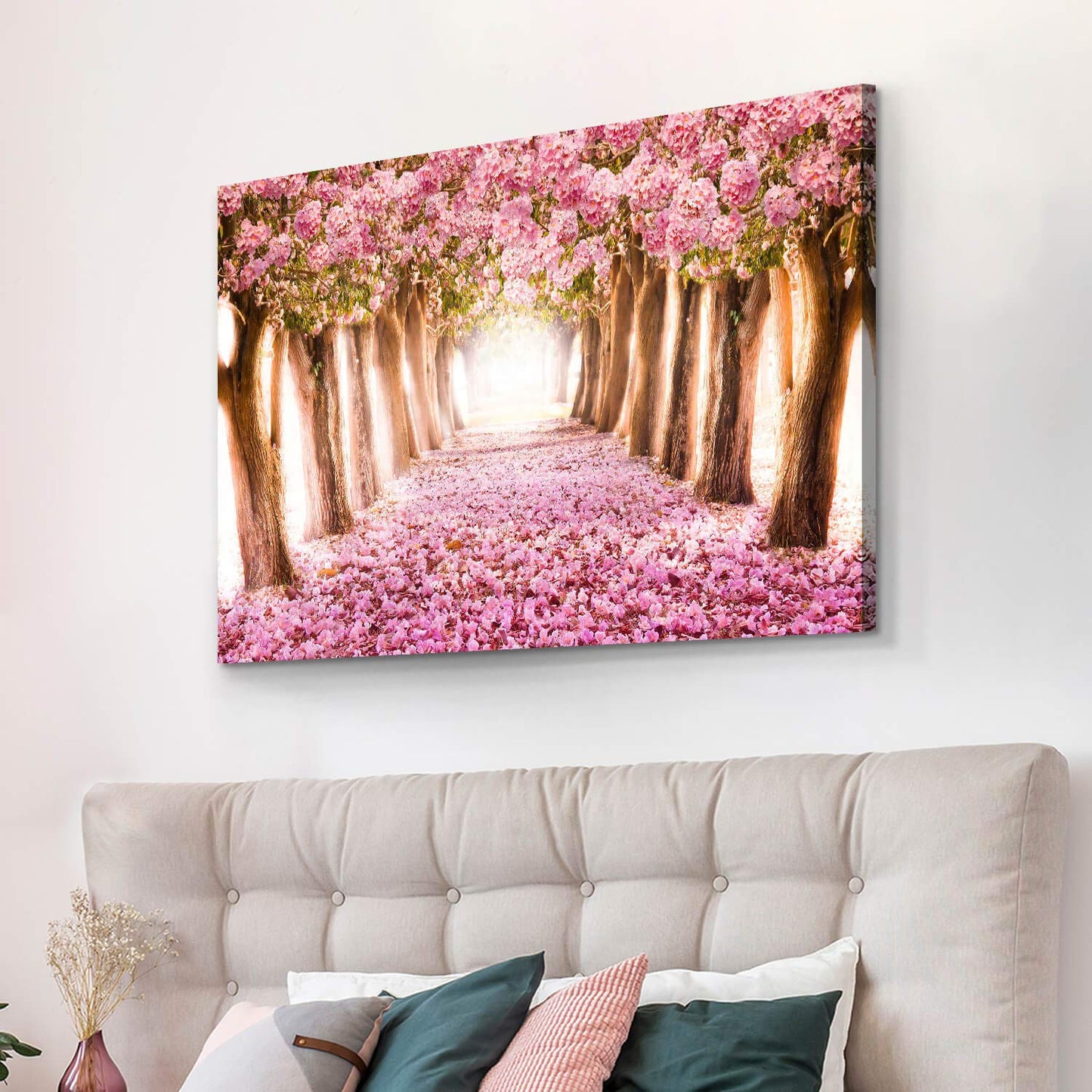 UTOP-art Tableau mural avec fleurs roses : paysage forestier, arbre, chemin, peinture sur toile enveloppée pour salon (36'' x 24'' x 1 panneau) 