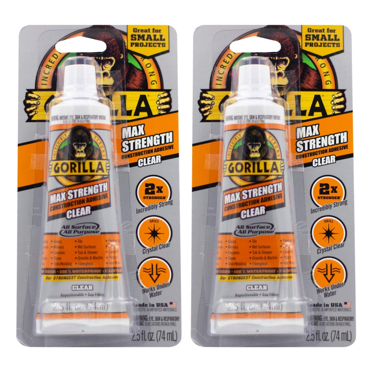 Gorilla Max Strength Construction Adhesive, Clear Glue, Squeeze Tube - Gap Filling and Waterproof