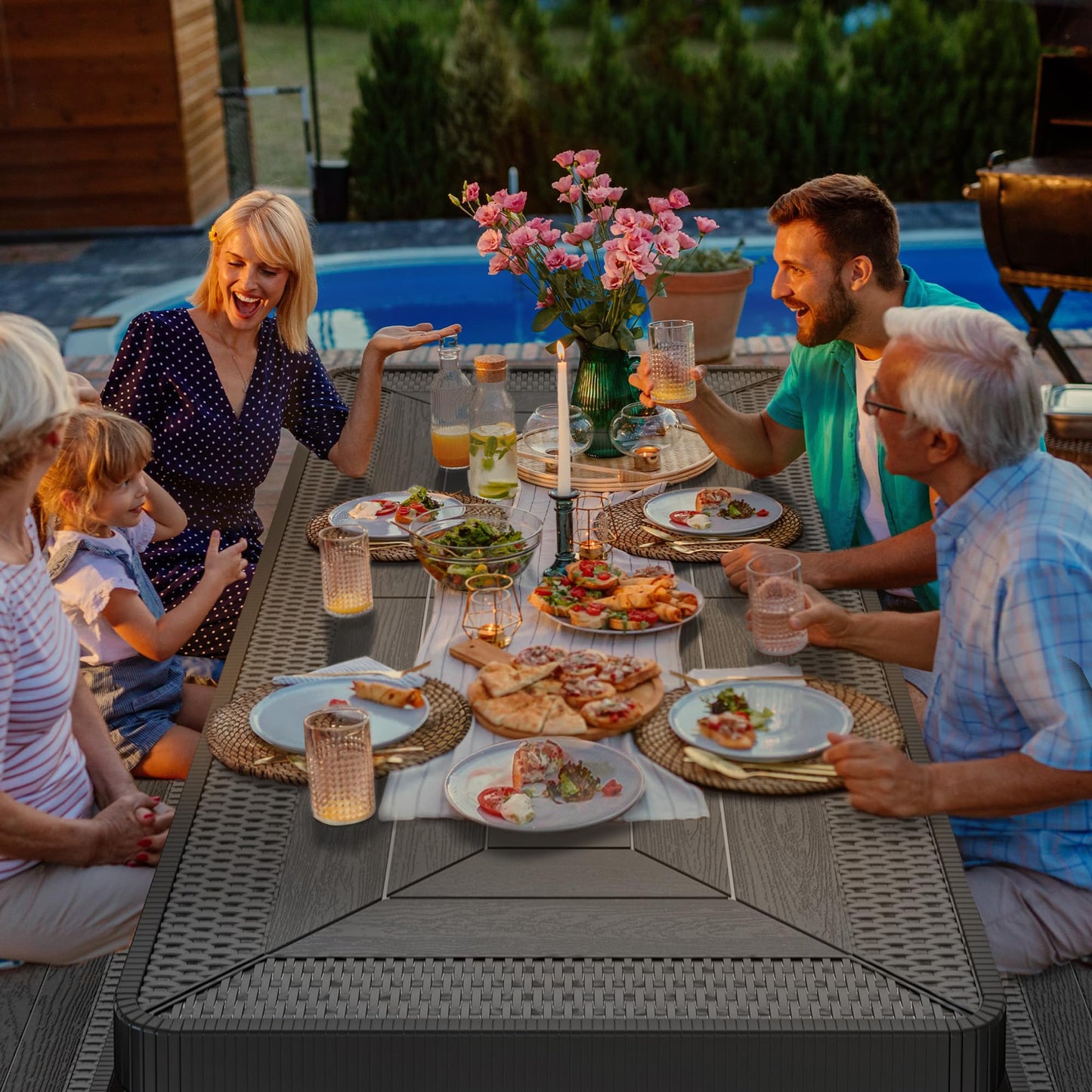 YITAHOME Picknicktisch für draußen, 1,80 m, mit holzähnlicher Tischplatte, stabilem Stahlrahmen und Schirmöffnung, robuster Picknicktisch, ideal für Garten, Terrasse, Rasenpartys, Hellbraun 