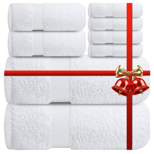 Infinitee Xclusives Premium 100% Cotton Towel Set for Bathroom – |8 Piece| Bath Towels Set (2 Bath Towels, 2 Hand Towels, 4 Washcloths) – Soft and Absorbent Towels for Bathroom (Brilliant White)