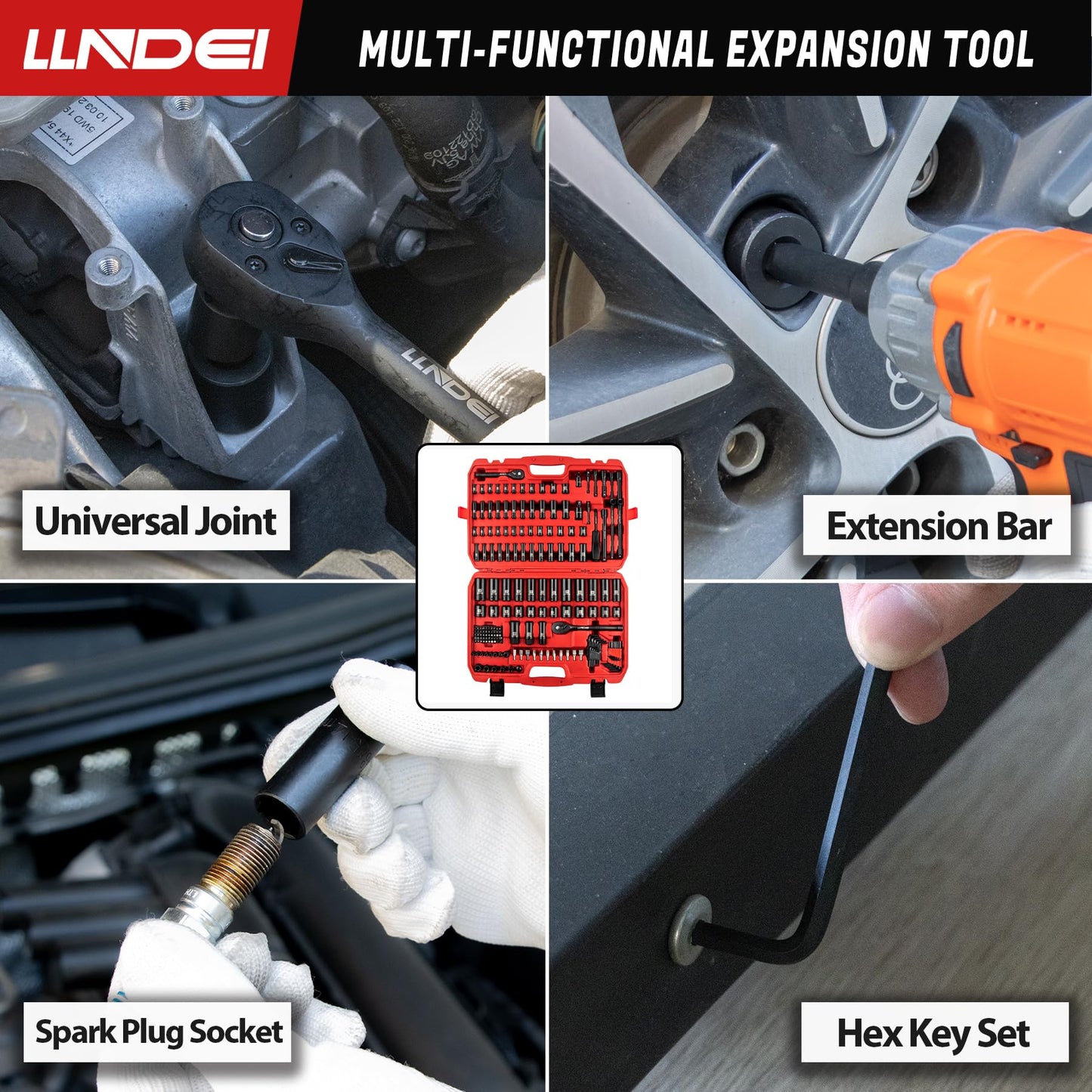 LLNDEI 1/4 & 3/8 Inch Drive Impact Socket Set, 186 Pieces Metric and Standard Full Sockets, CR-V Deep & Shallow Sockets Tool Set with Ratchet Wrench Handle, Spark Plug Socket, Bit Set for Mechanic