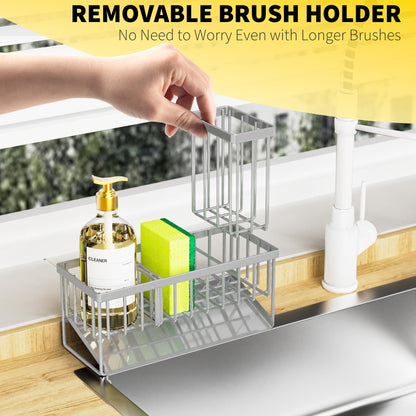 Kitchen Sink Caddy Organzier with High Brush Holder, Sponge Holder for Sink, 304 Rustproof Stainless, Kitchen Countertop Soap Dispenser Organizer, Kitchen Decor and Accessories