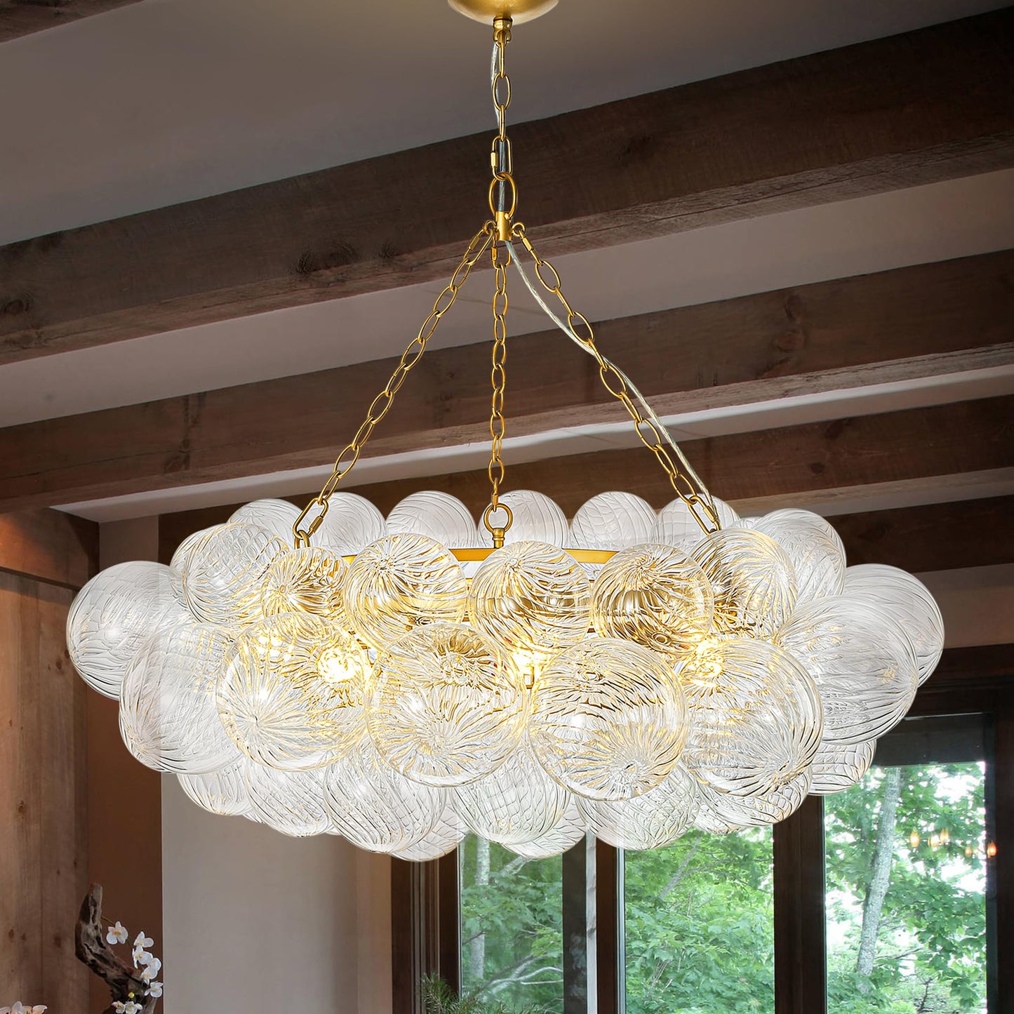 Gold Bubble Chandelier 4-Tier Round Clear Glass Globe Chandeliers 8 Lights 24Inch Dia Blown Glass Pendant Chandelier Light Fixture for Dining Room Bedroom Living Room