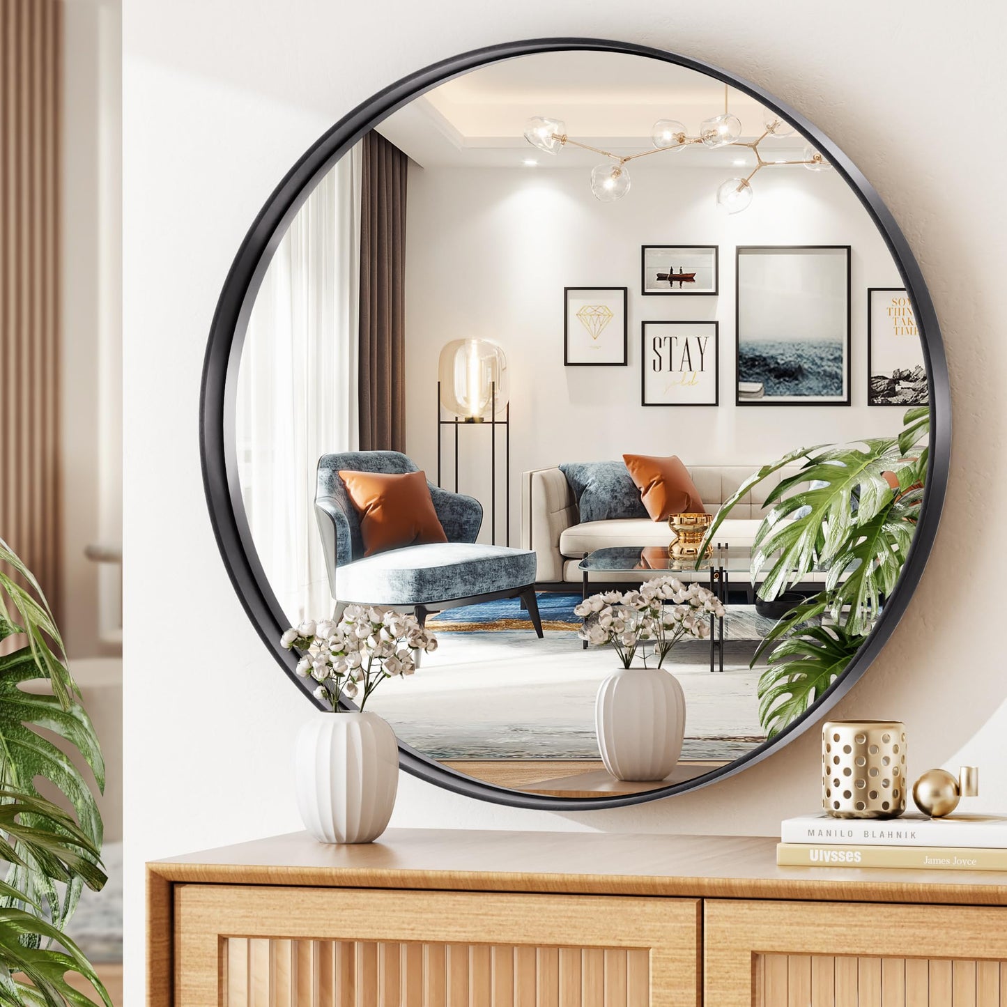 Hasipu Wall Mirrors Decorative, 40" Mirror Wall Decor, Beveled Edge Frameless Wall Mount Round Mirror for Living Room