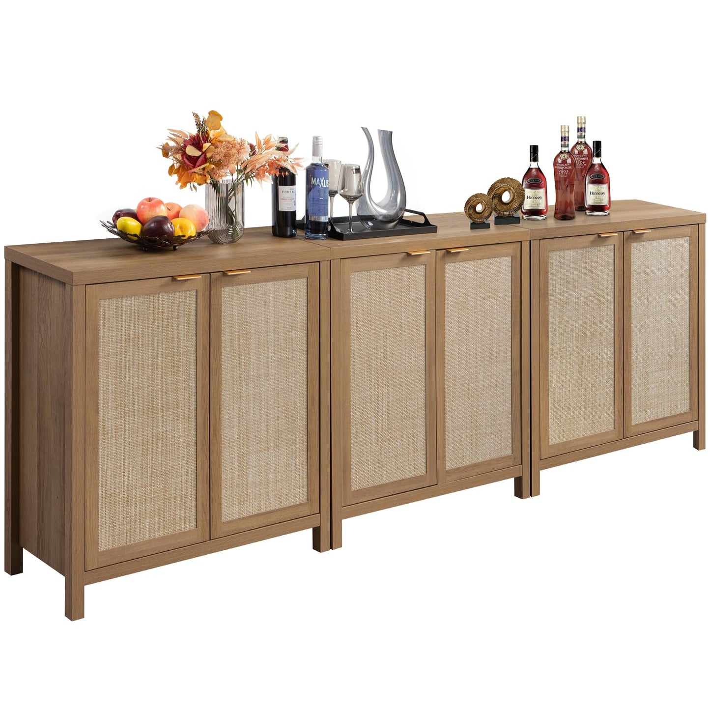 SICOTAS Rattan-Sideboard, Buffetschrank – großer Küchenschrank im Boho-Stil mit Rattan-Aufbewahrung – Holz-Kaffeebar-Schrank, Buffet-Konsolentisch für Esszimmer, Wohnzimmer, Flur – Natur 